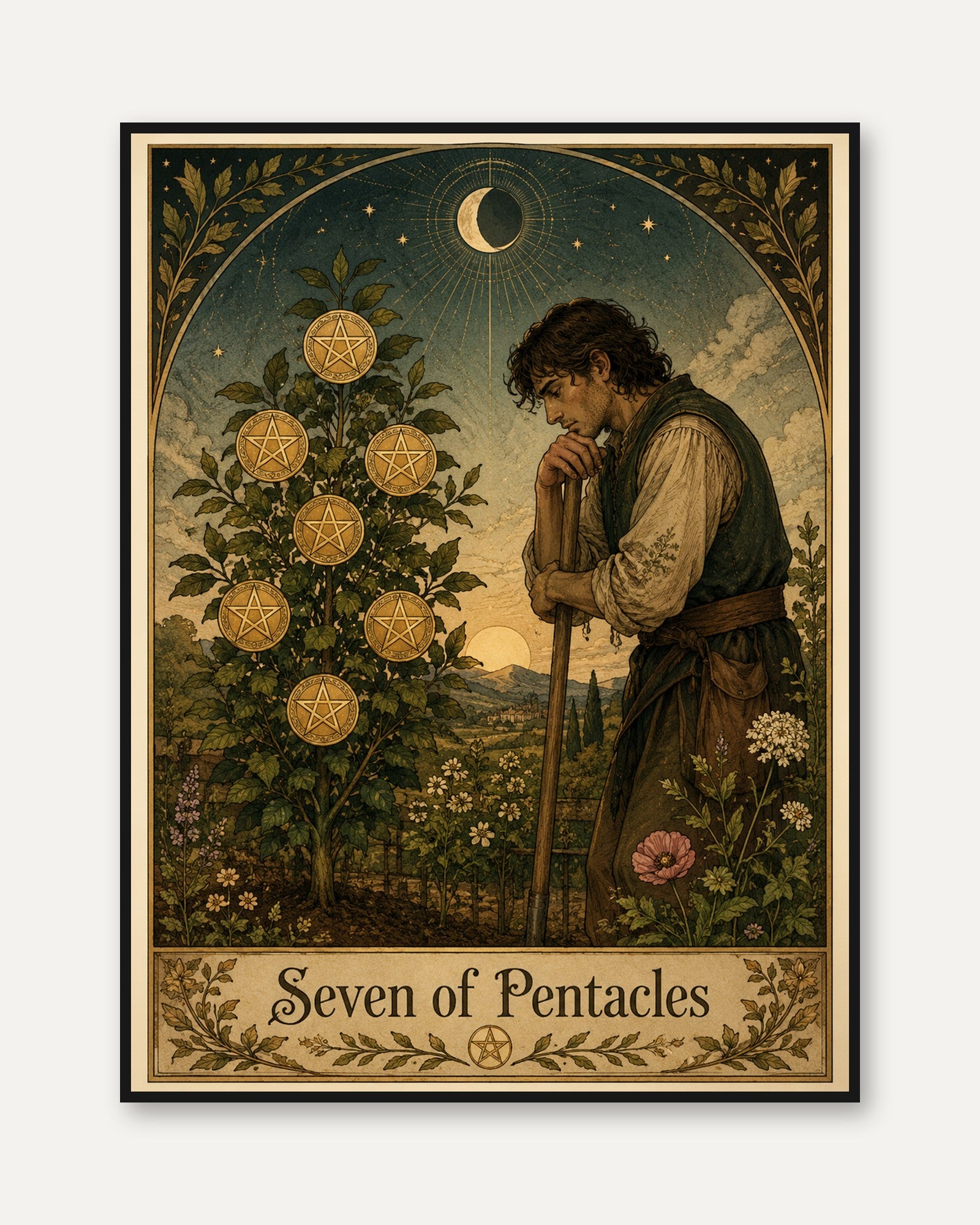 Tarot Card Wall Art – Seven of Pentacles Print - framed
