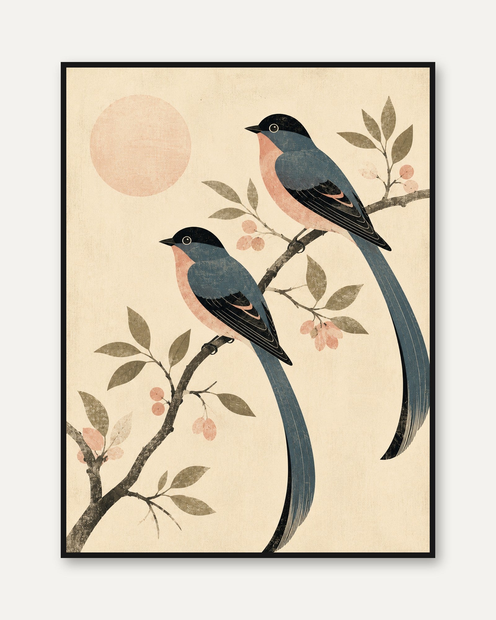 Japanese Style Birds on Branch: Vintage Botanical Wall Art - framed
