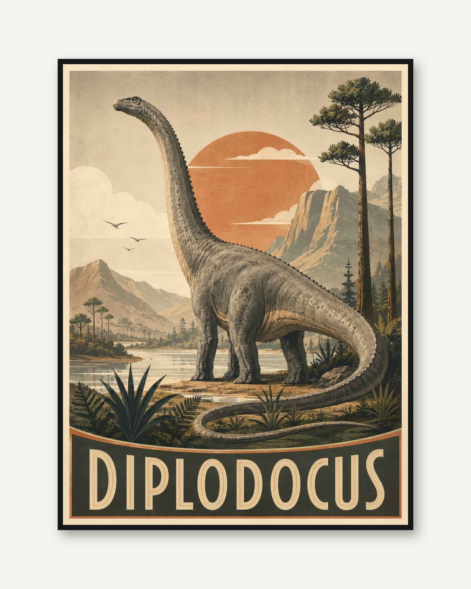 Diplodocus Dinosaur Print: Vintage Natural History Art for Kids - framed