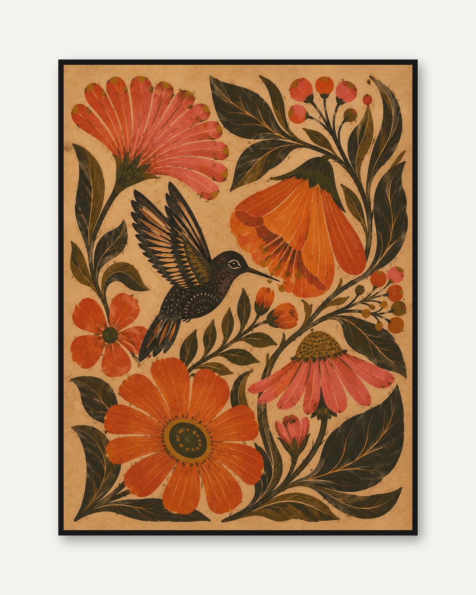 Folk Art Bird and Floral Print — Vintage Botanical Illustration - framed