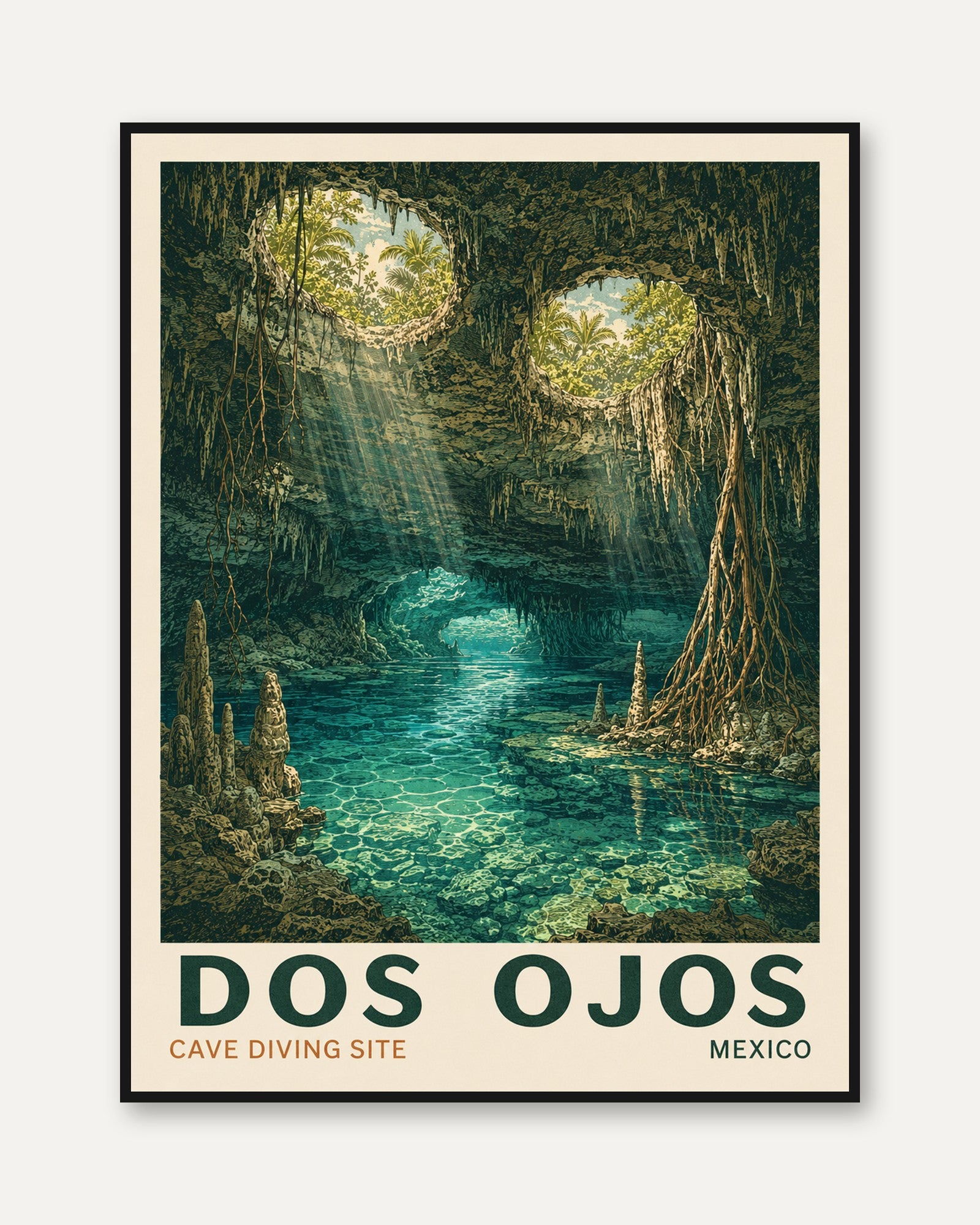 Cenote Wall Art – Dos Ojos Cave Diving Print - framed