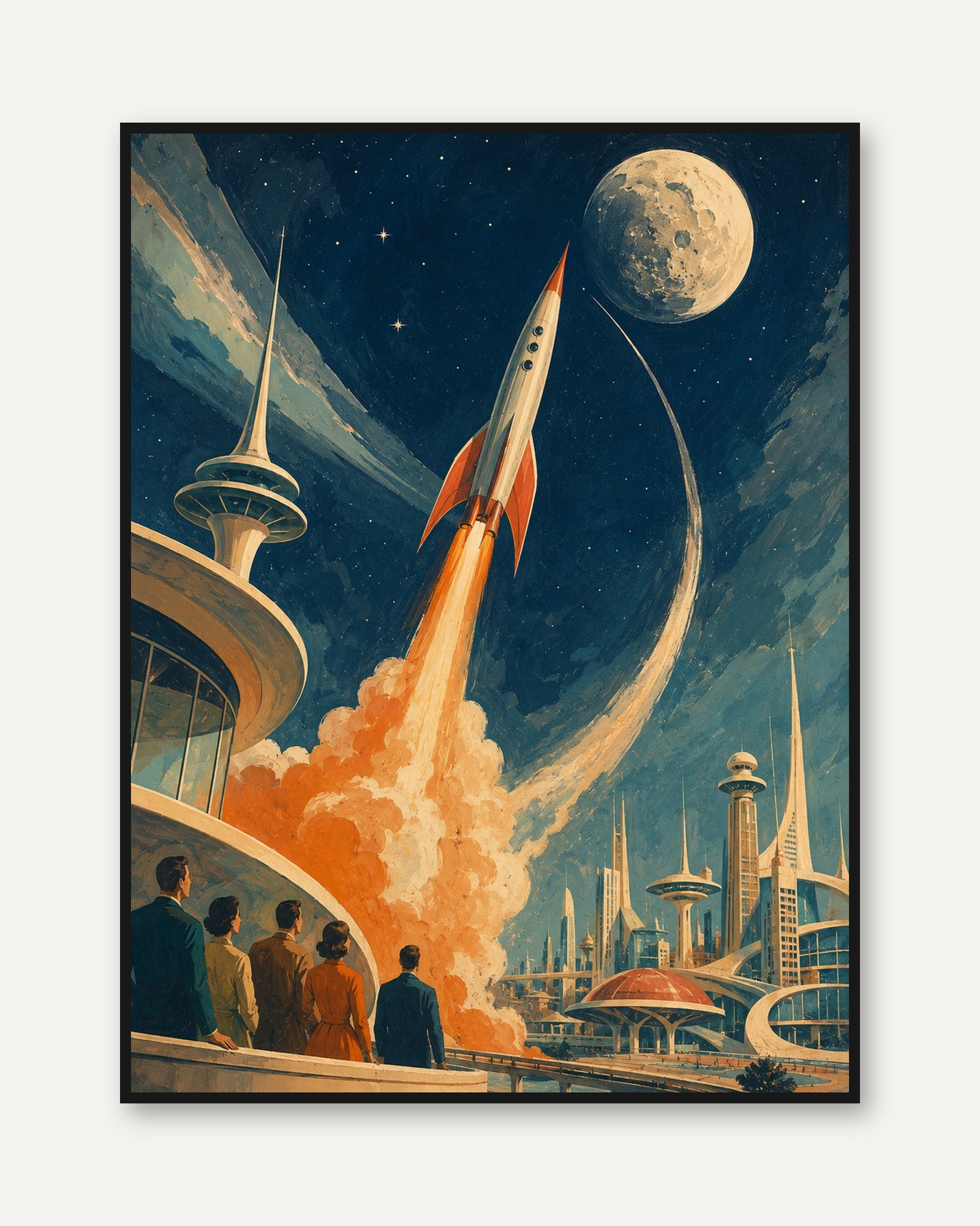Retro Space Poster – Vintage Rocket Print - framed
