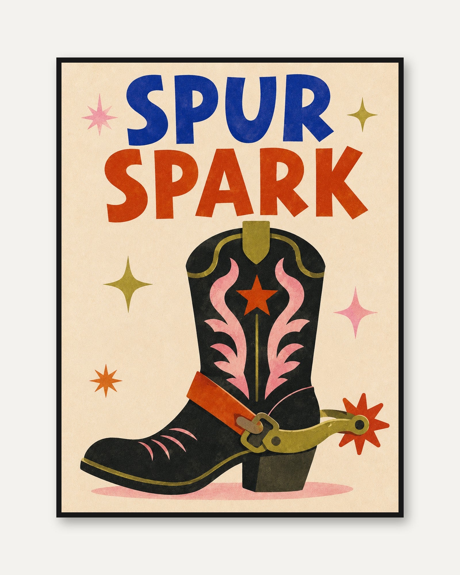 Spur Spark Cowboy Boot Print: Retro Western Typography Poster - framed