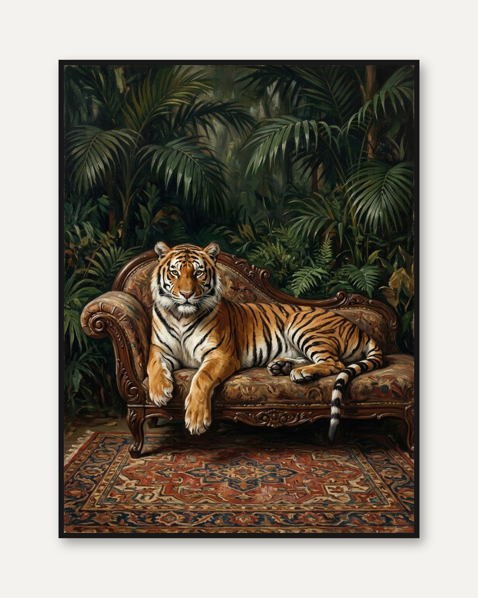 Tiger on Victorian Sofa Print — Jungle Maximalist Art - framed