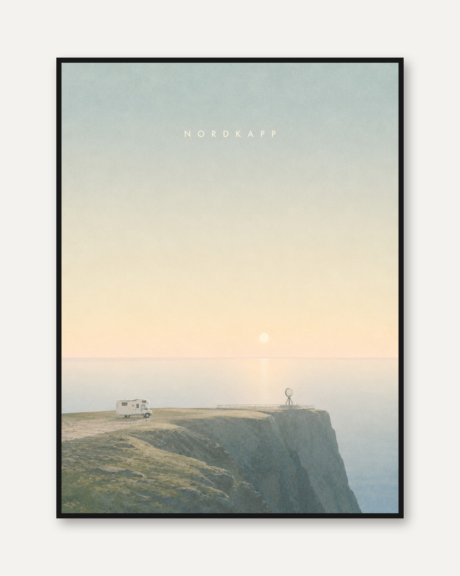 Coastal Cliff Camper Van Print: Minimalist Nordic Landscape Art - framed