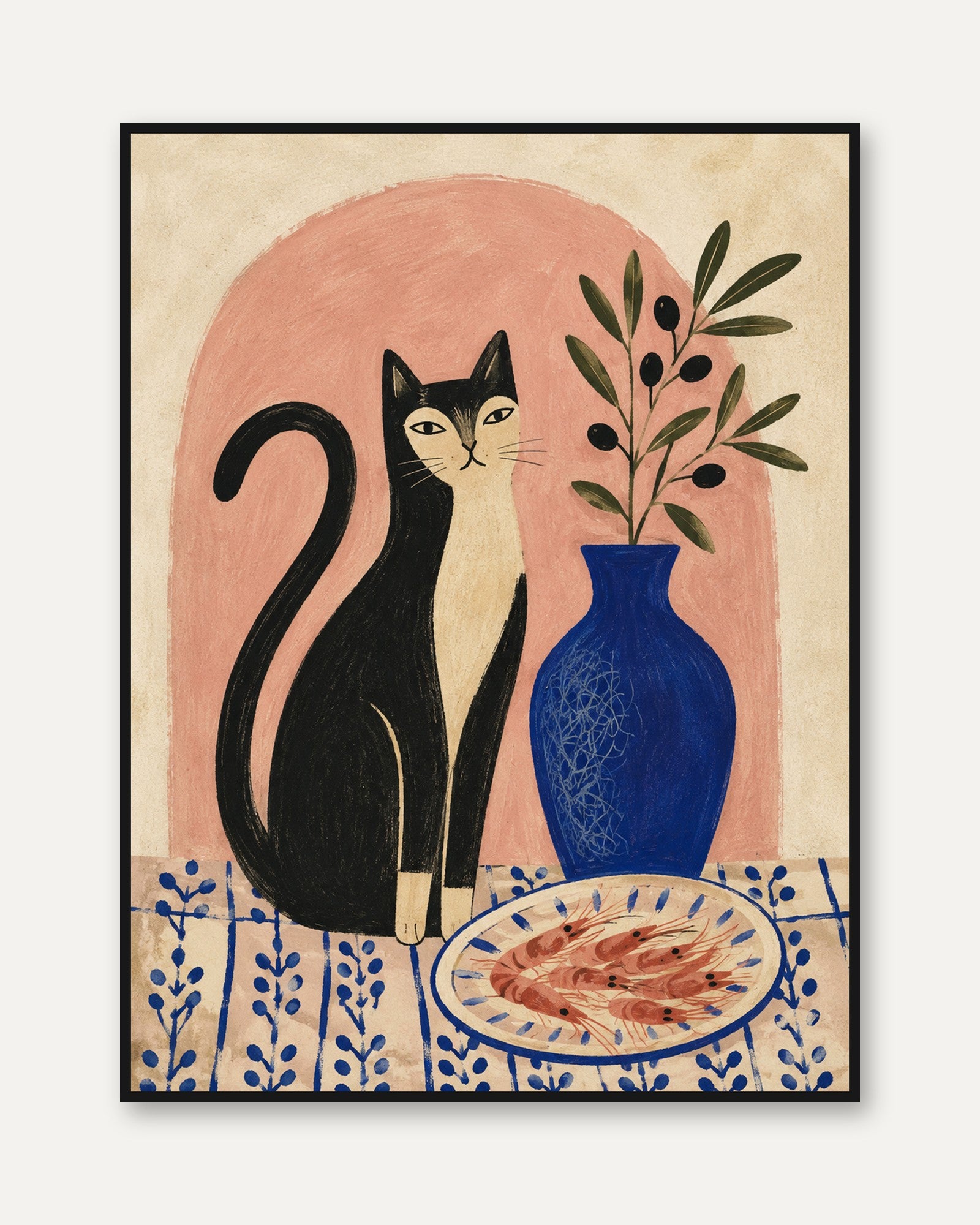 Folk Art Black Cat Print – Olive Branch Vase - framed