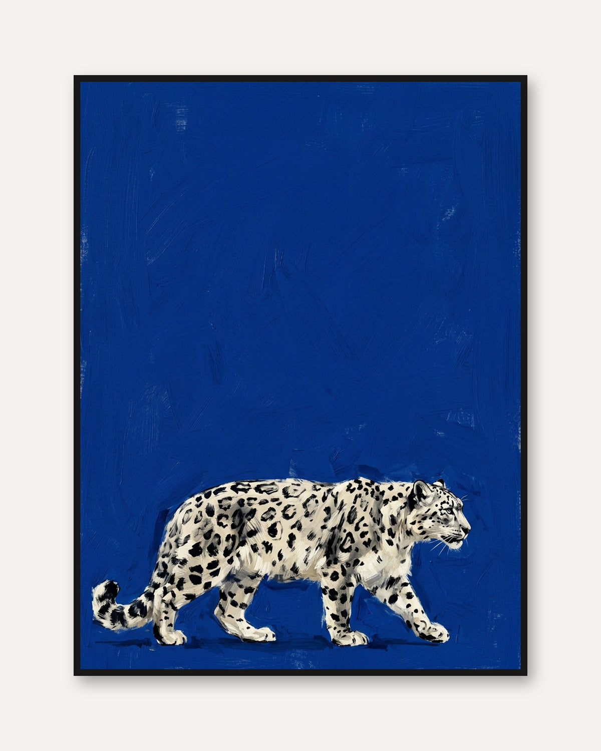 Snow Leopard Art Print: Contemporary Wildlife on Deep Blue - framed