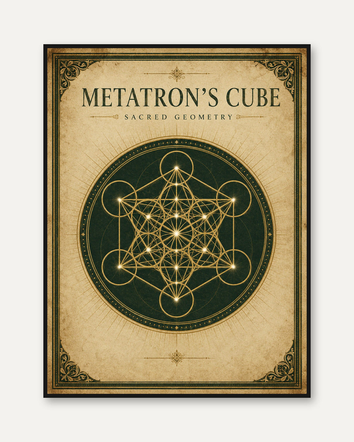 Sacred Geometry Print: Metatron's Cube (Gold Linework on Green) - framed