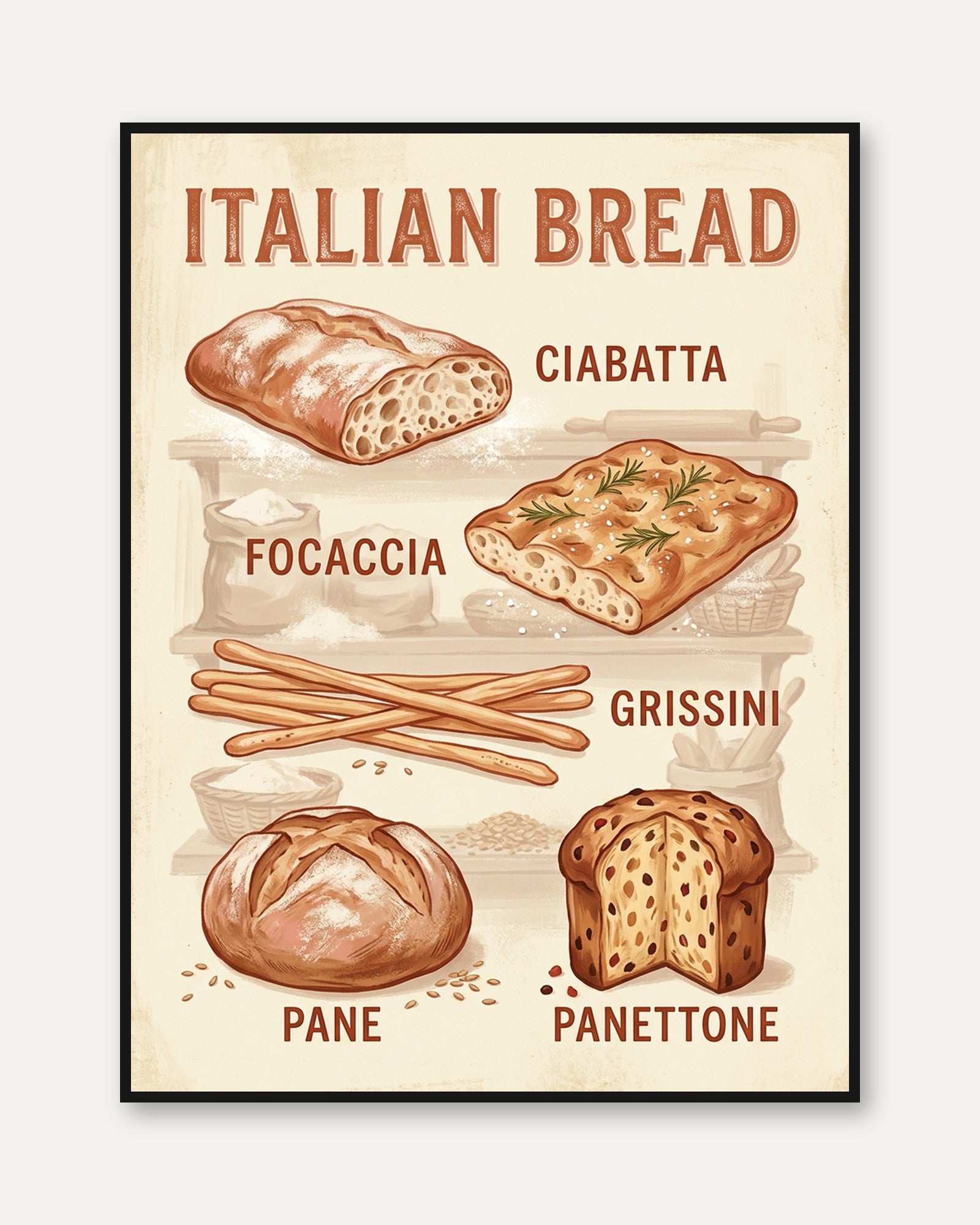 Italian Bread Poster — Vintage Bakery Illustration - framed