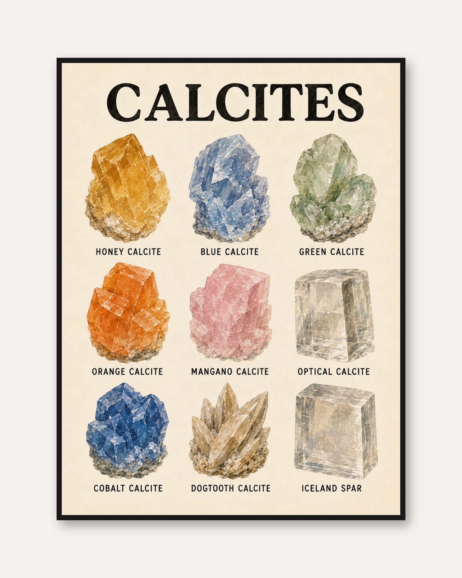 Calcites Educational Print — Watercolor Crystal Chart - framed