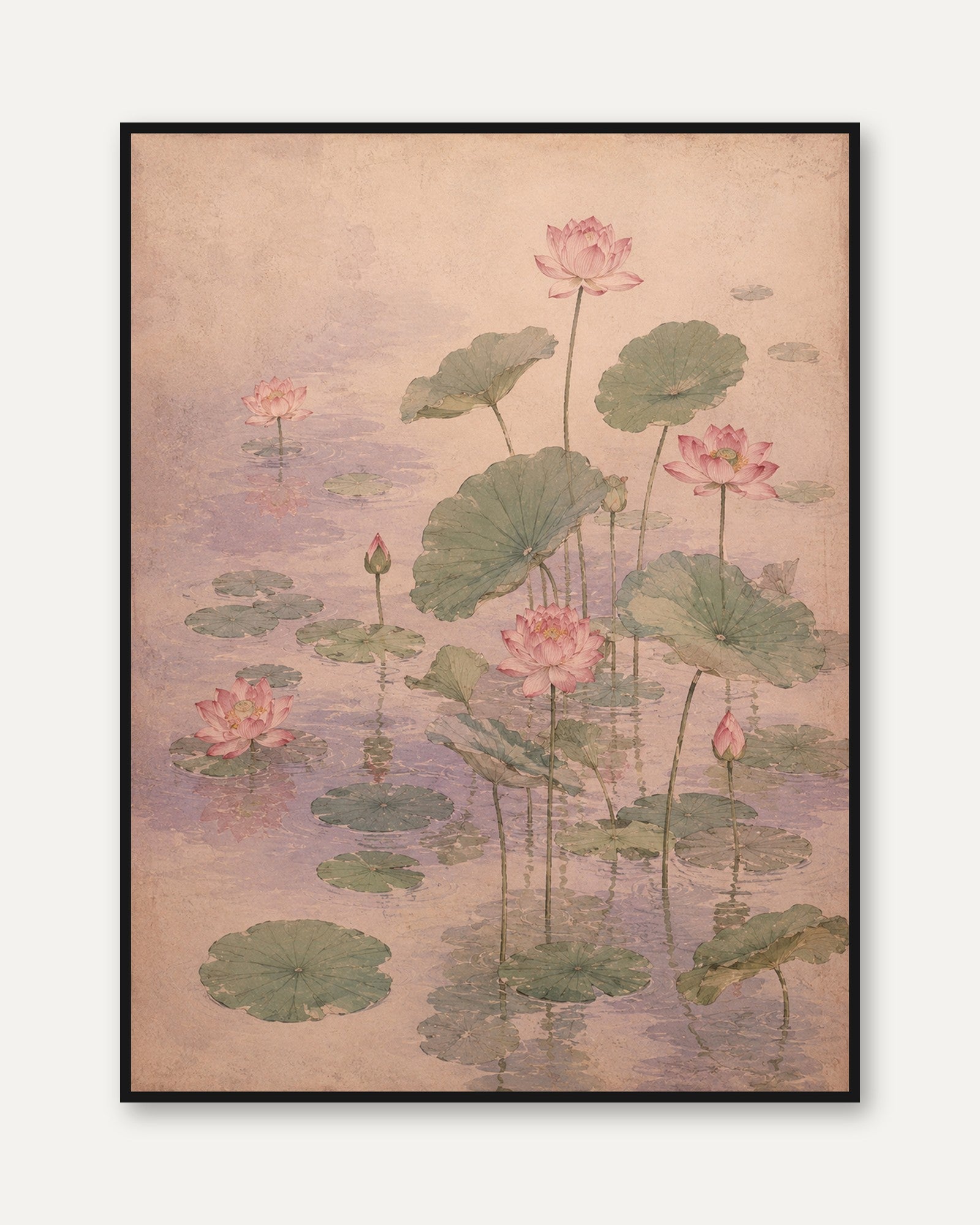 Lotus Pond Art Print: Delicate Pink Flowers on Beige Oriental Watercol - framed