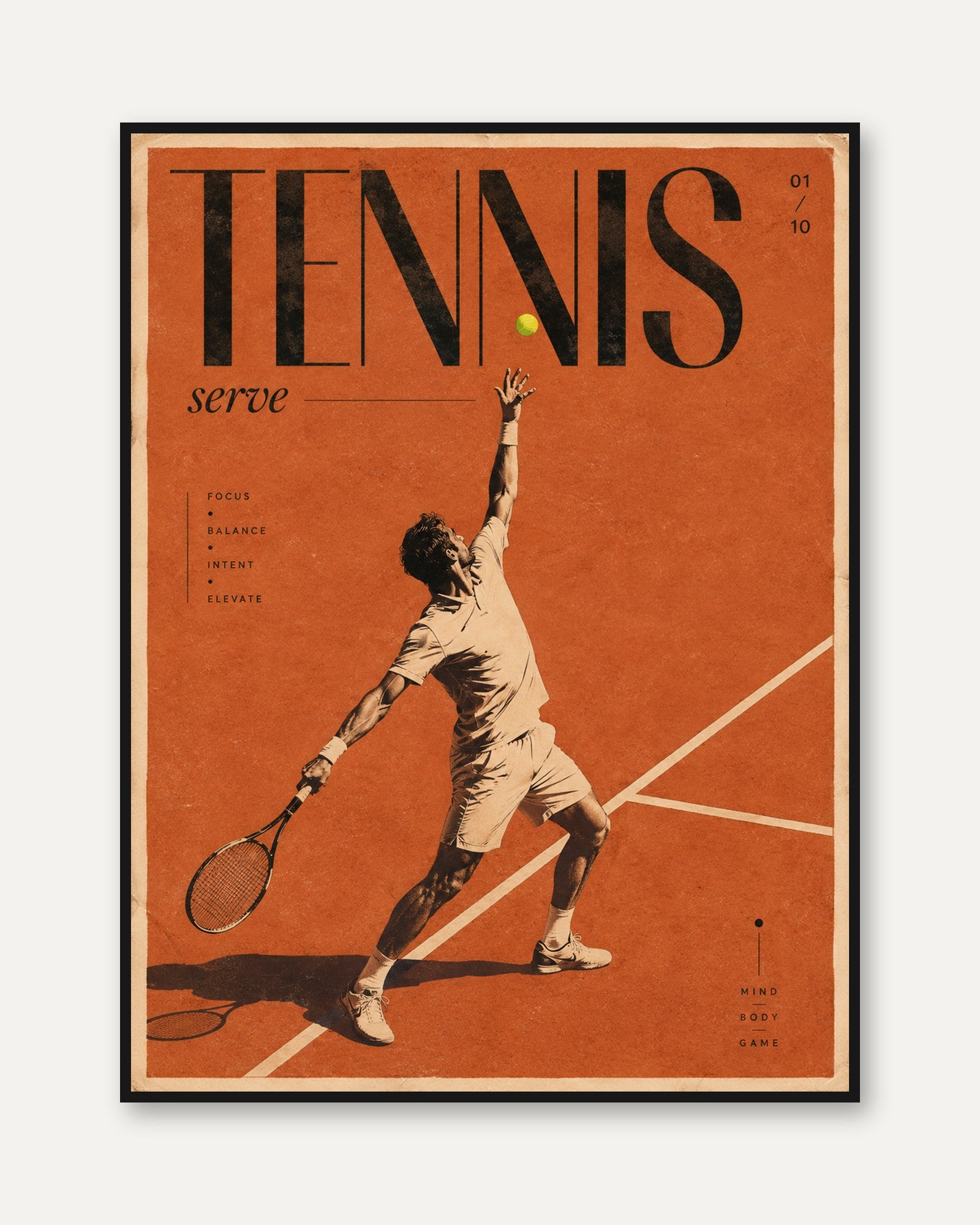 Vintage Tennis Serve Poster: Retro Orange Sports Art Print - framed