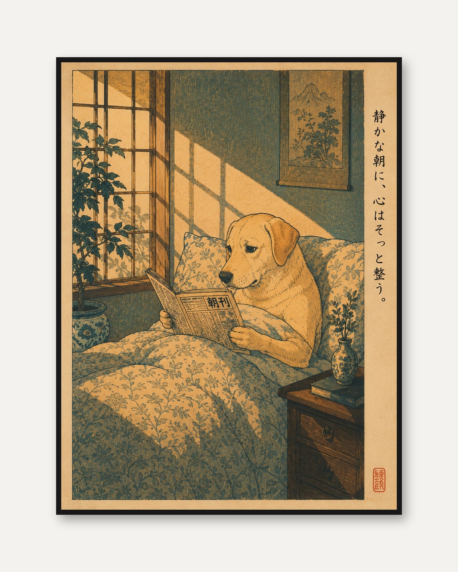 Japanese Dog Reading Newspaper Print - framed