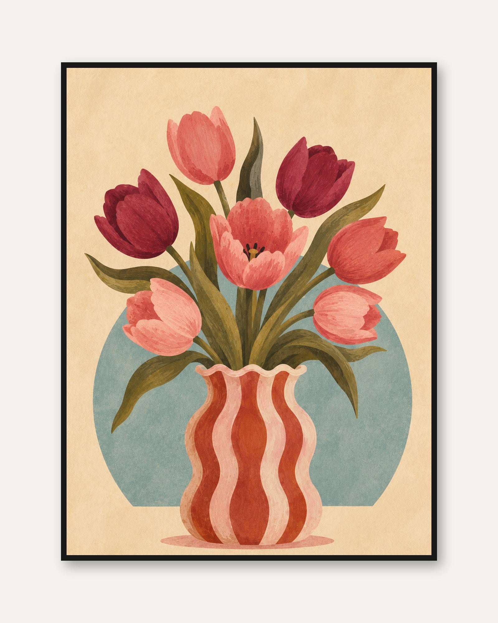 Tulip Vase Wall Art – Retro Floral Print - framed