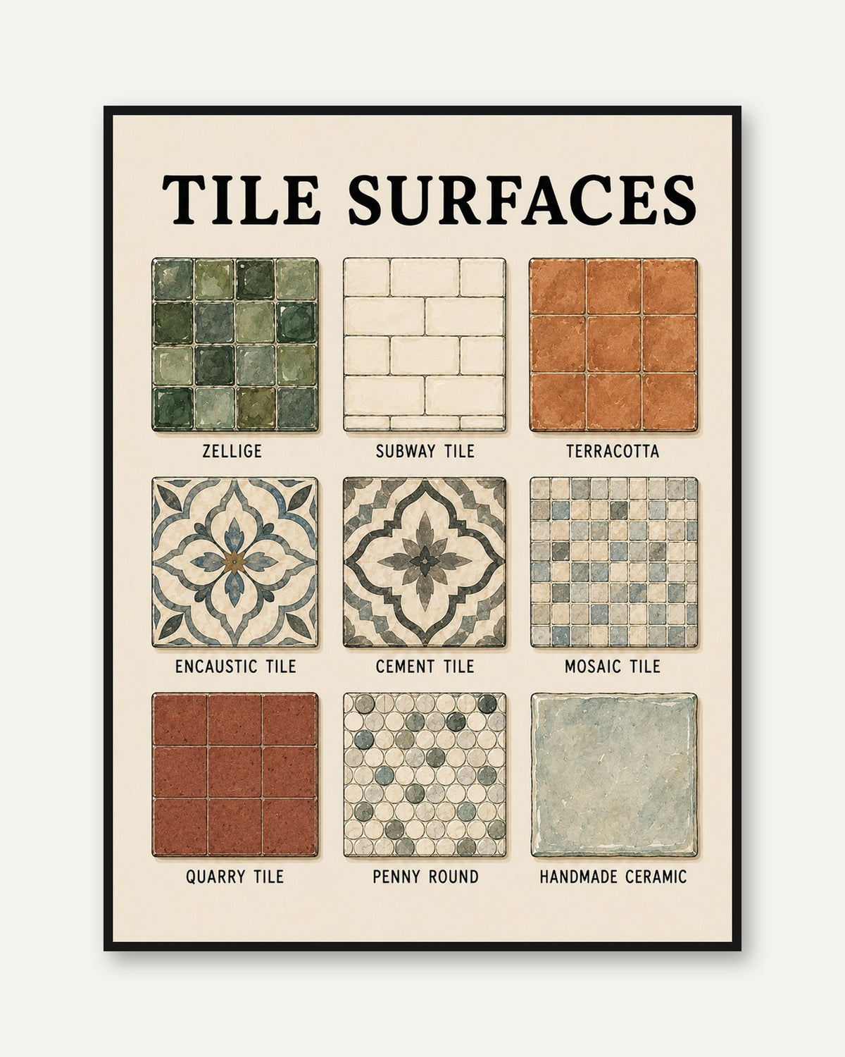 Tile Surfaces Chart Wall Art: Vintage Architectural Reference - framed