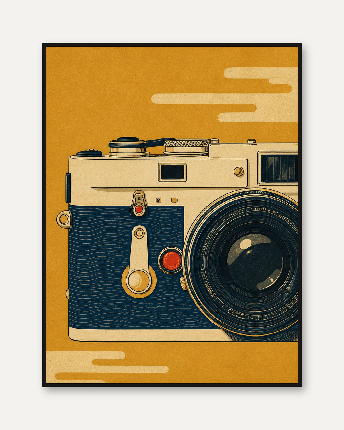 Vintage Leica Camera Print: Retro Mid-Century Art in Mustard Yellow - framed