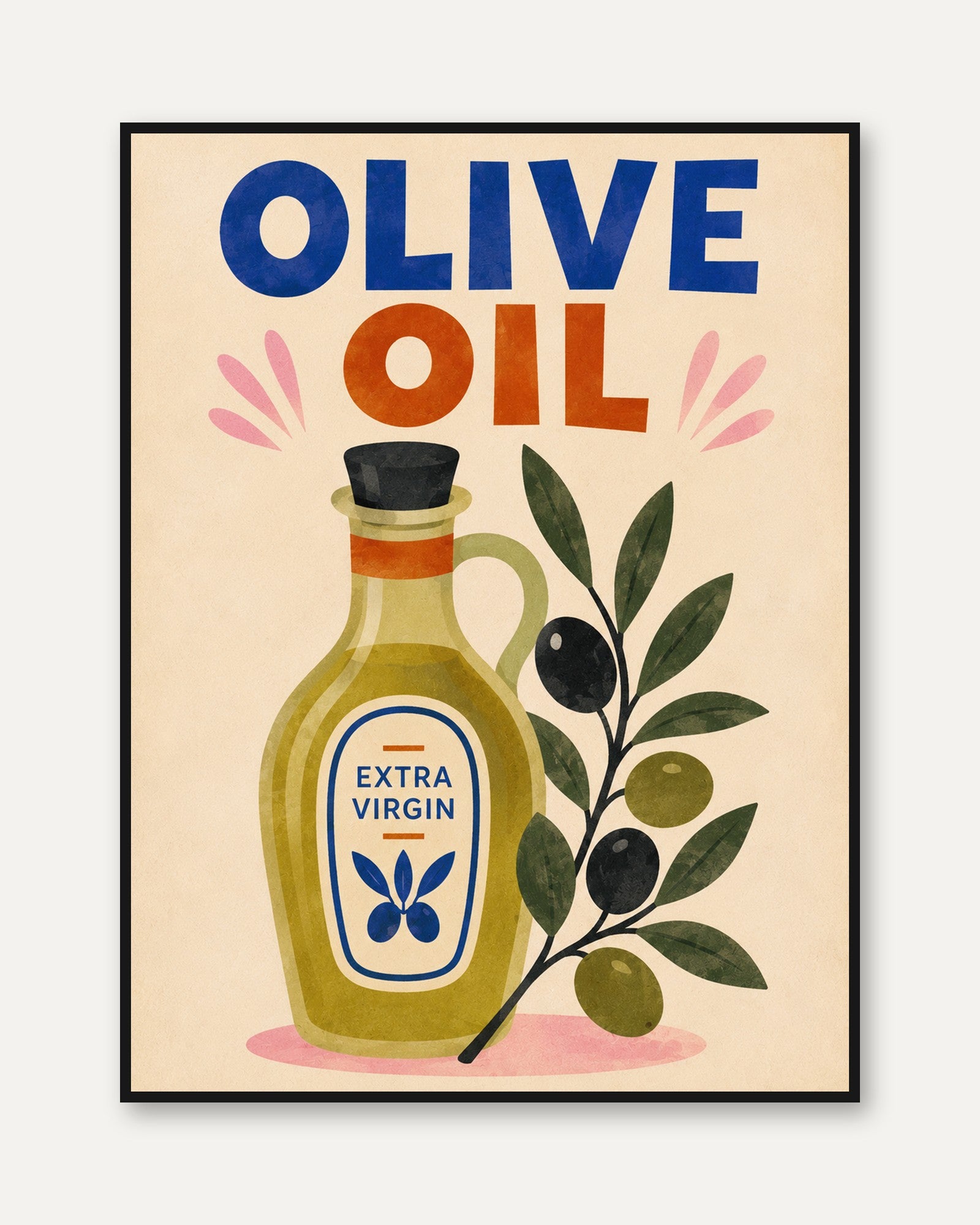 Olive Oil Kitchen Print – Food Illustration Art - framed