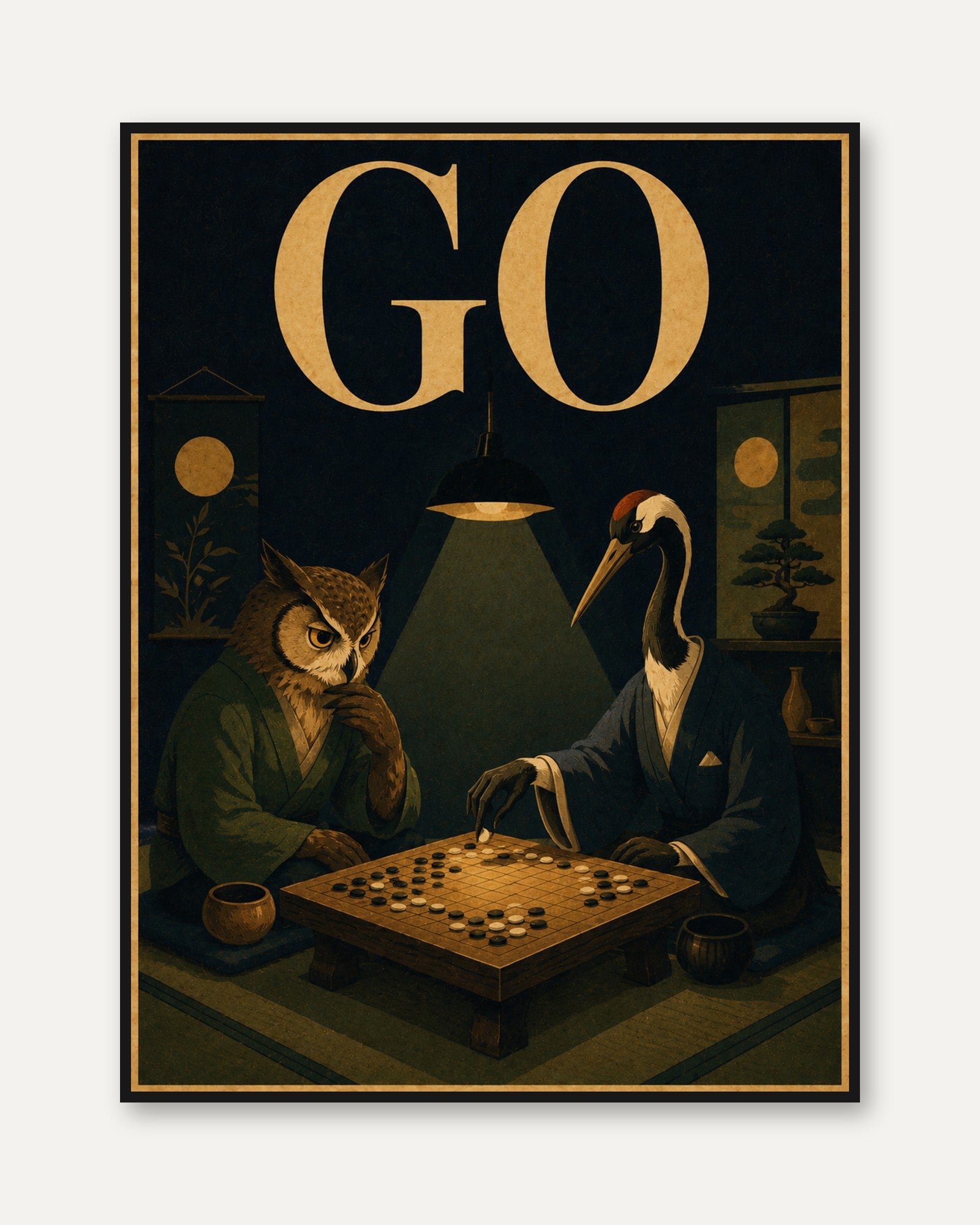 Go Game Poster: Owl and Crane Japanese Style (Vintage Wall Art) - framed