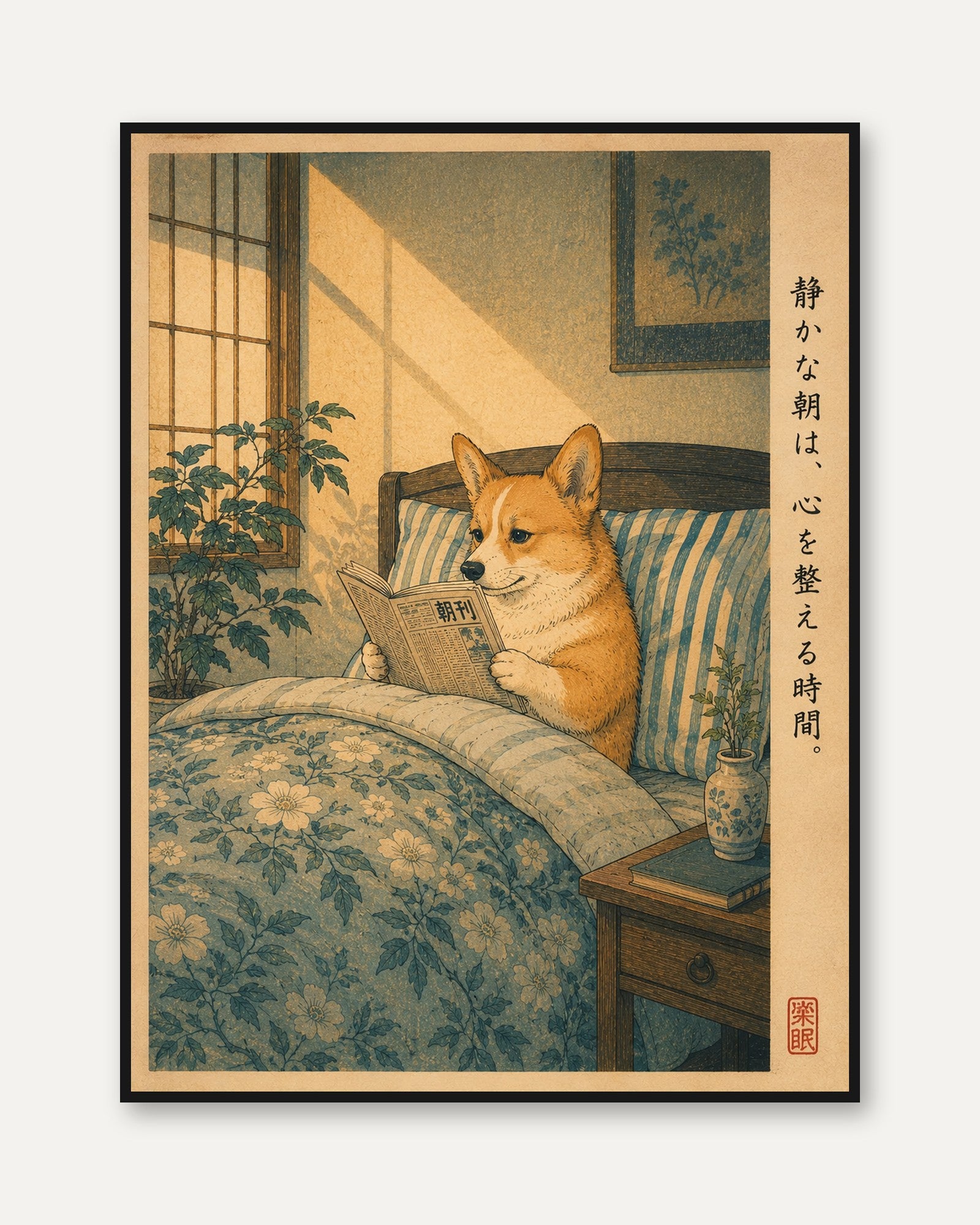 Shiba Inu Wall Art – Japanese Dog Reading Print - framed