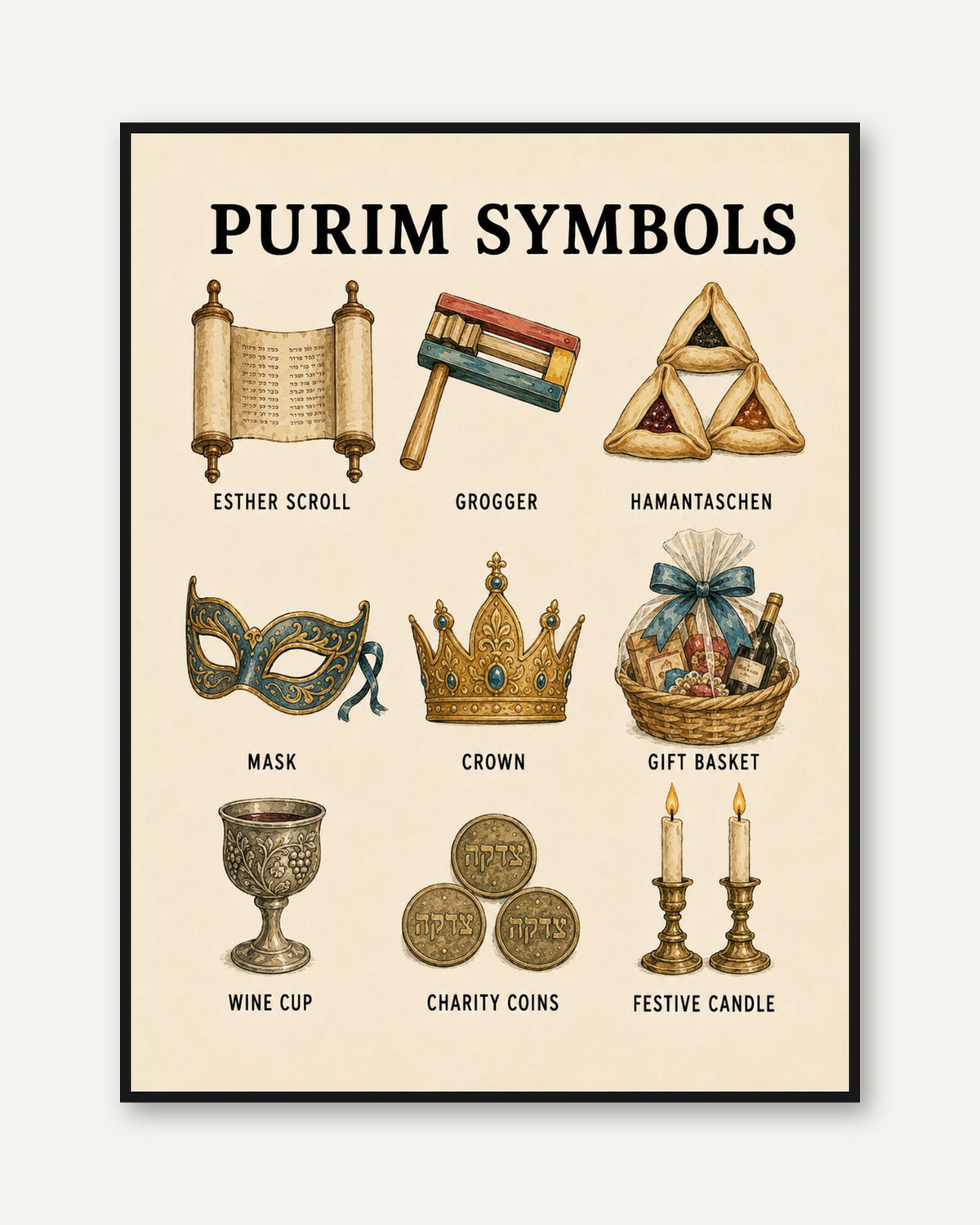 Purim Symbols Illustration - framed