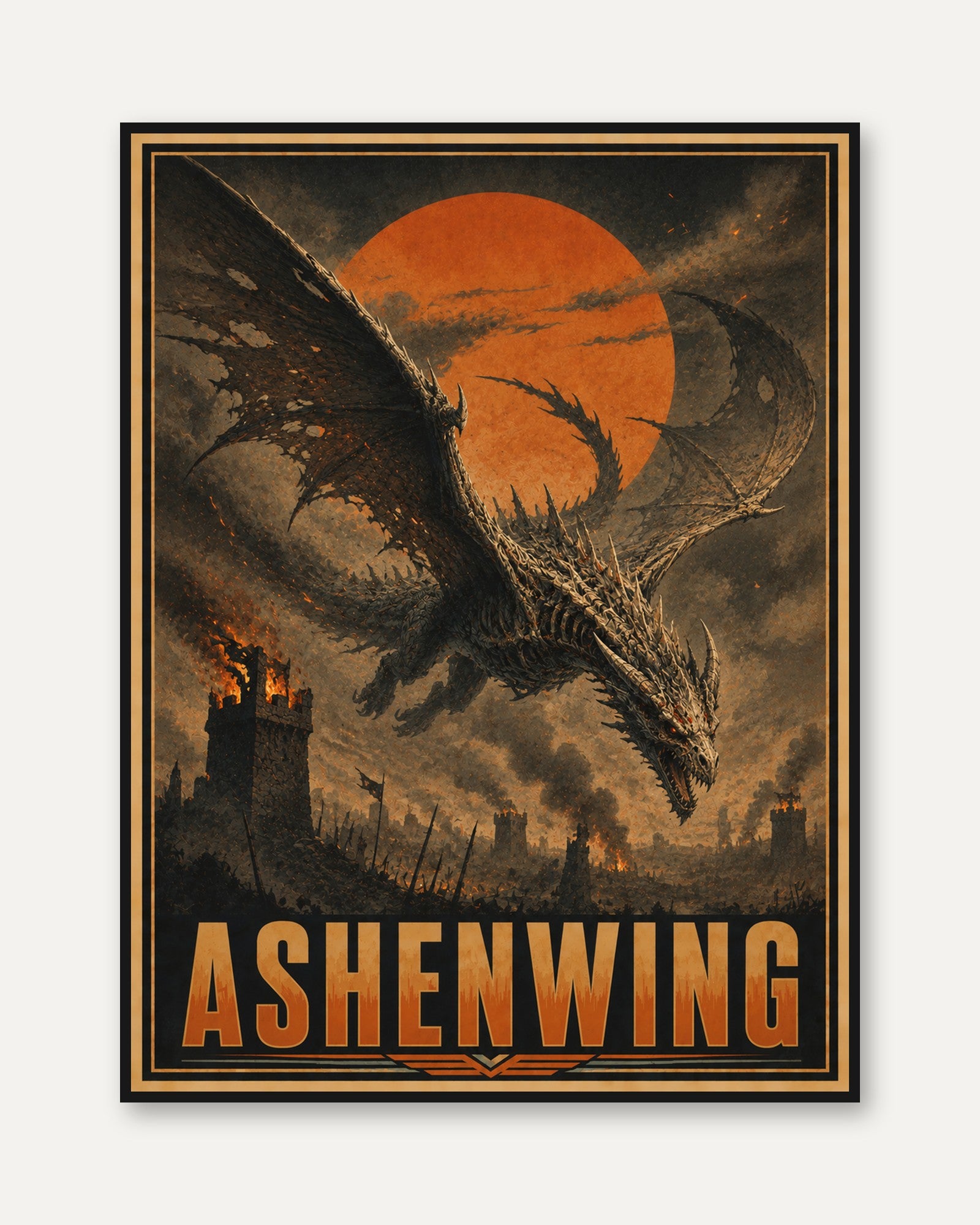 Dragon Silhouette Wall Art: Vintage Fantasy Poster with Orange Sun - framed