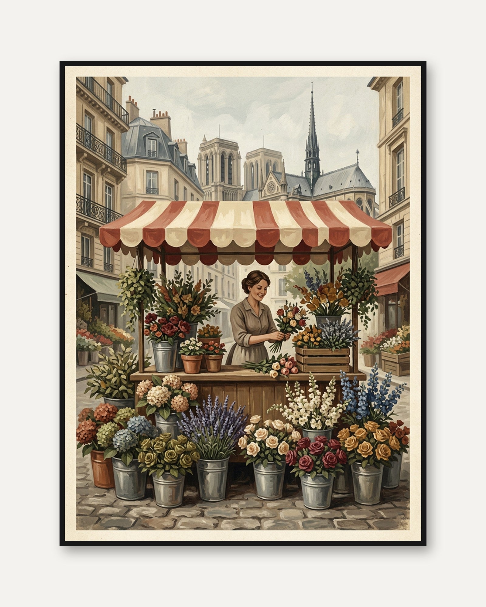 Parisian Flower Market Poster: Vintage French Street Scene Art - framed