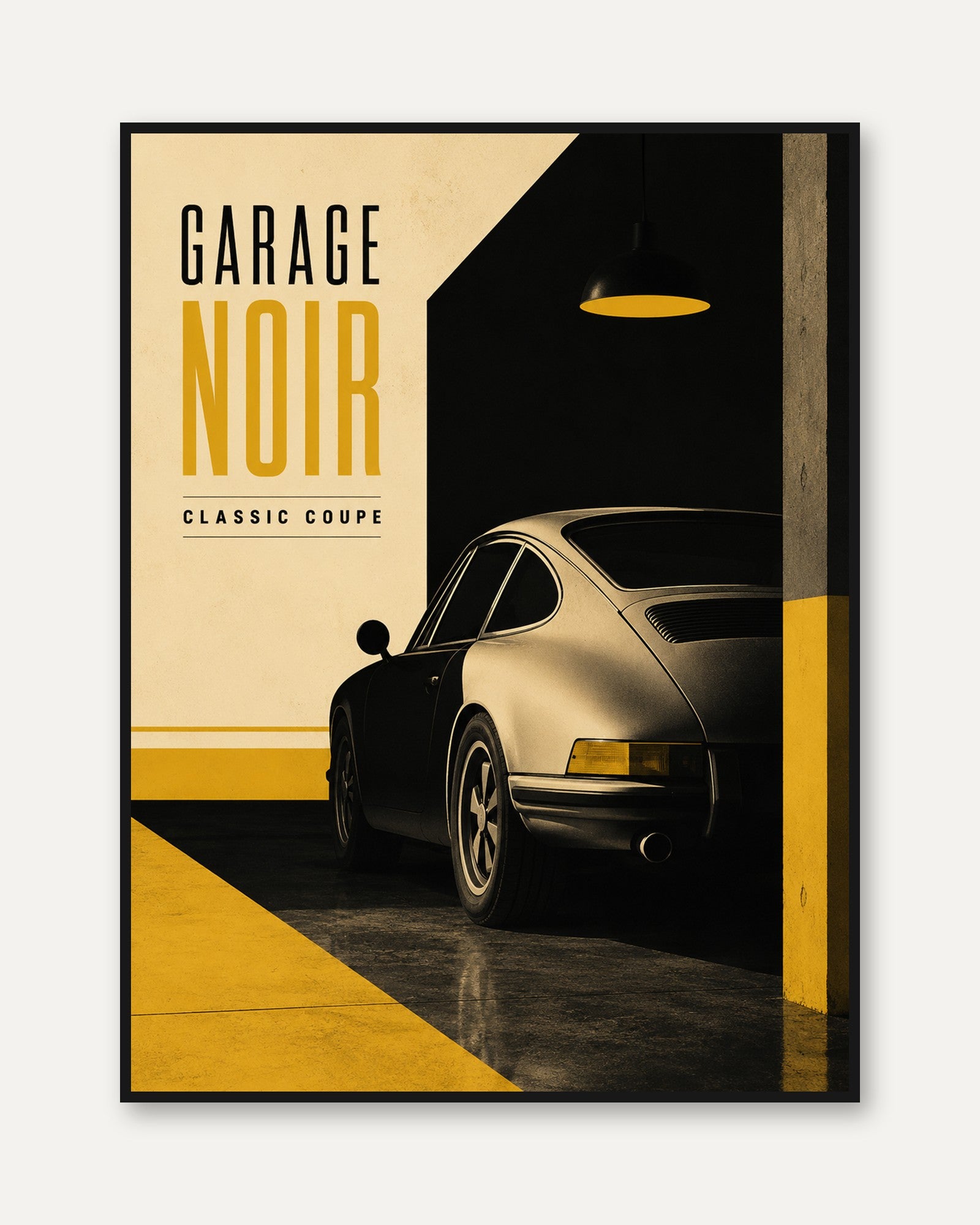 Garage Noir Classic Coupe Poster: Vintage Sports Car Art Print - framed
