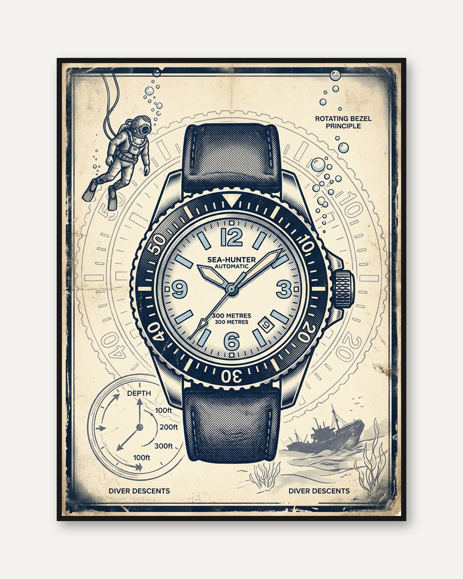 Vintage Dive Watch Technical Poster: Blueprint Illustration Art - framed