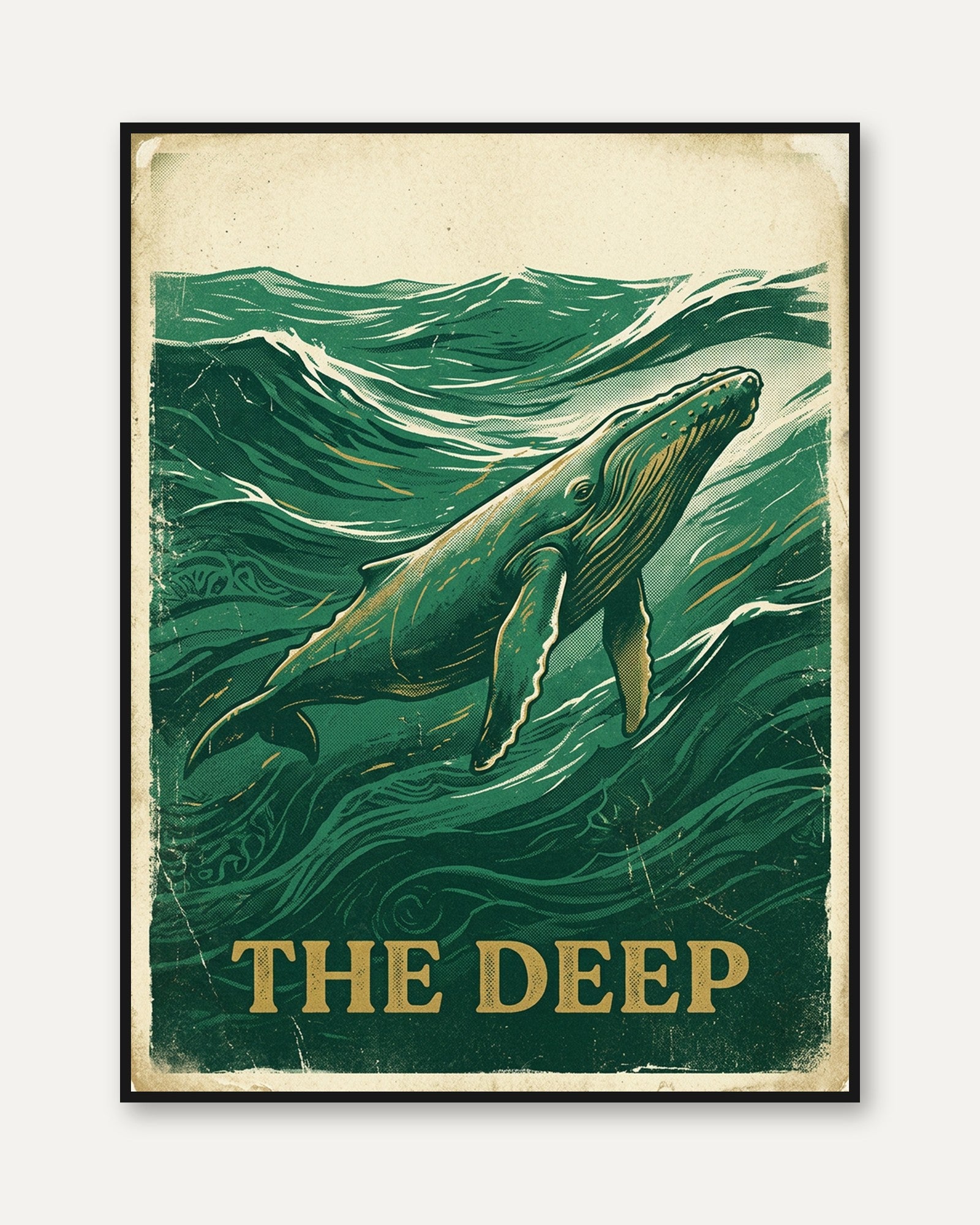 Humpback Whale Art Print: Vintage Green Woodblock Ocean Poster - framed