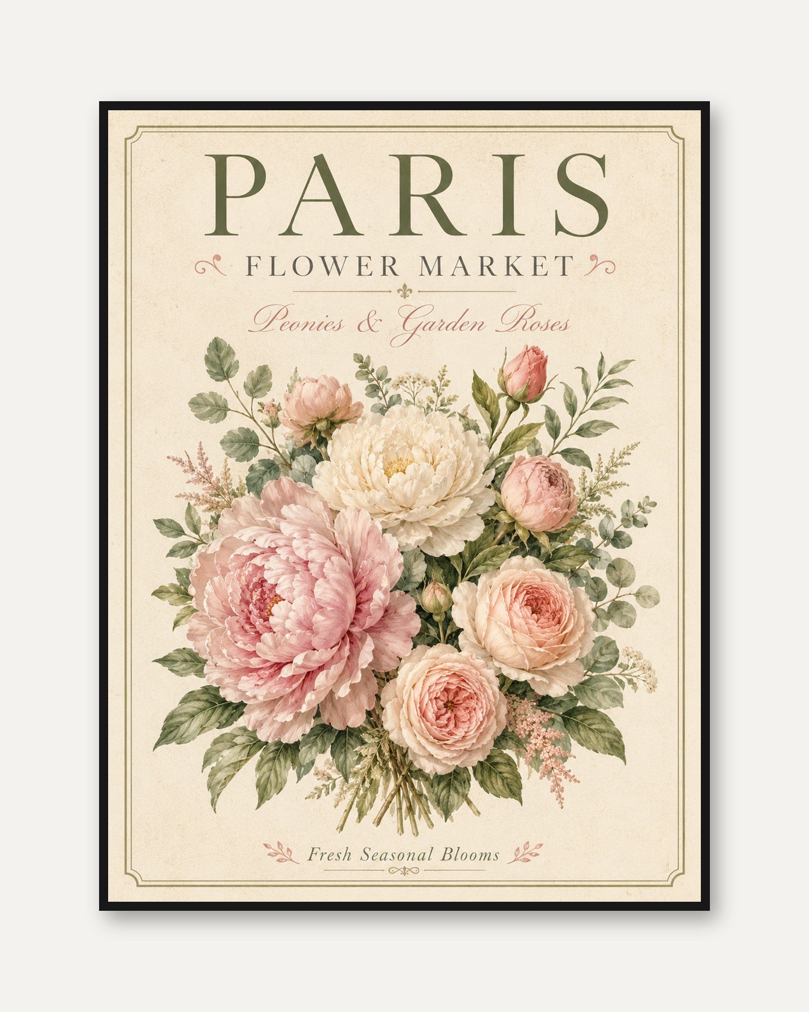 Paris Flower Market Print — Vintage Botanical Peonies & Roses - framed