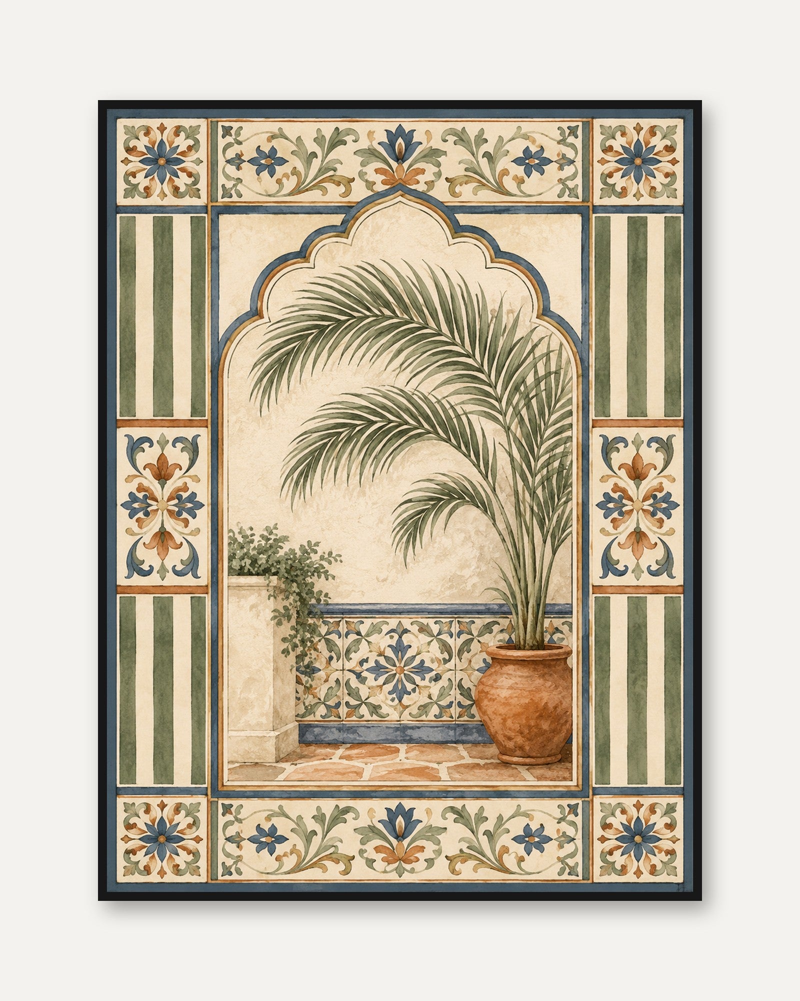 Moroccan Palm Courtyard Print: Mediterranean Tile Art - framed