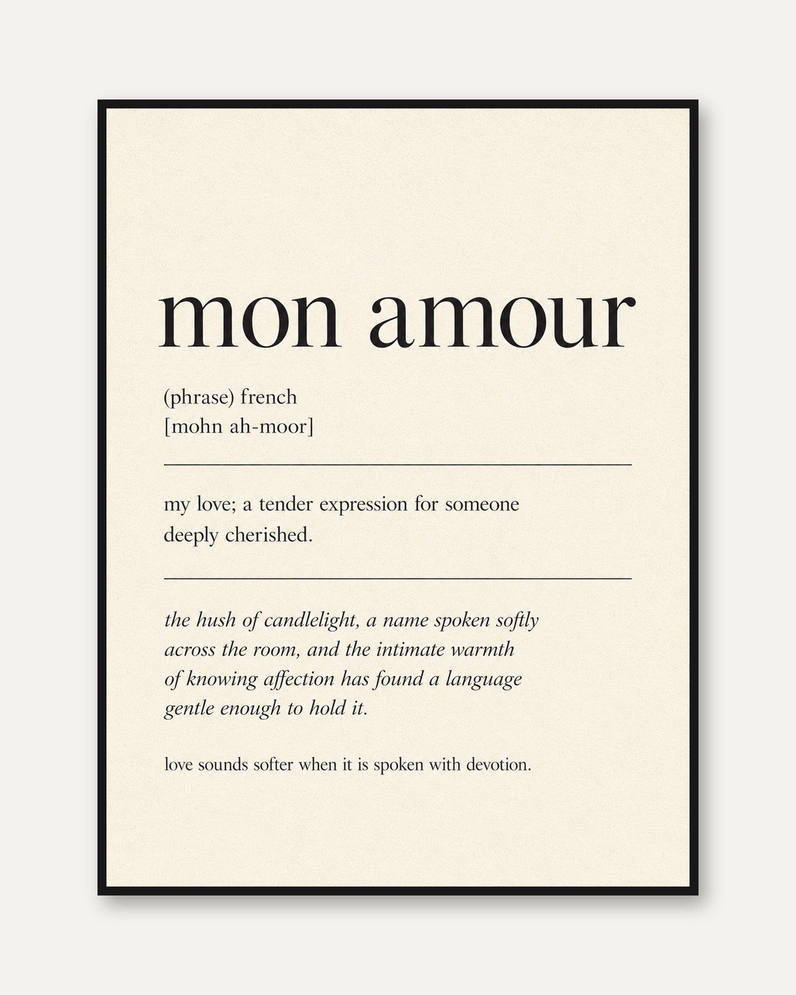 Mon Amour Print: French Love Quote Typography (Minimalist Wall Art) - framed