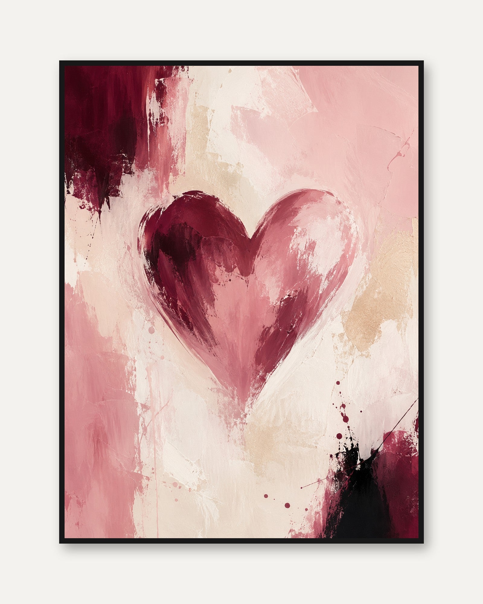 Abstract Heart Wall Art: Pink and Burgundy Brushstroke Painting - framed