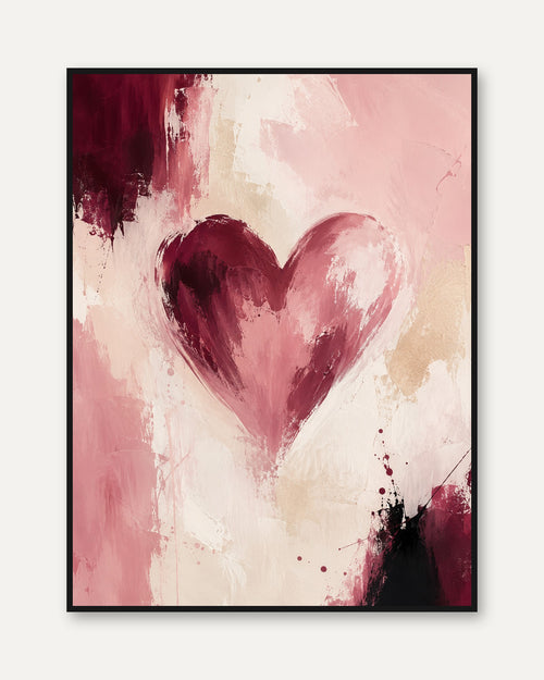 Abstract Heart Wall Art: Pink and Burgundy Brushstroke Painting - framed