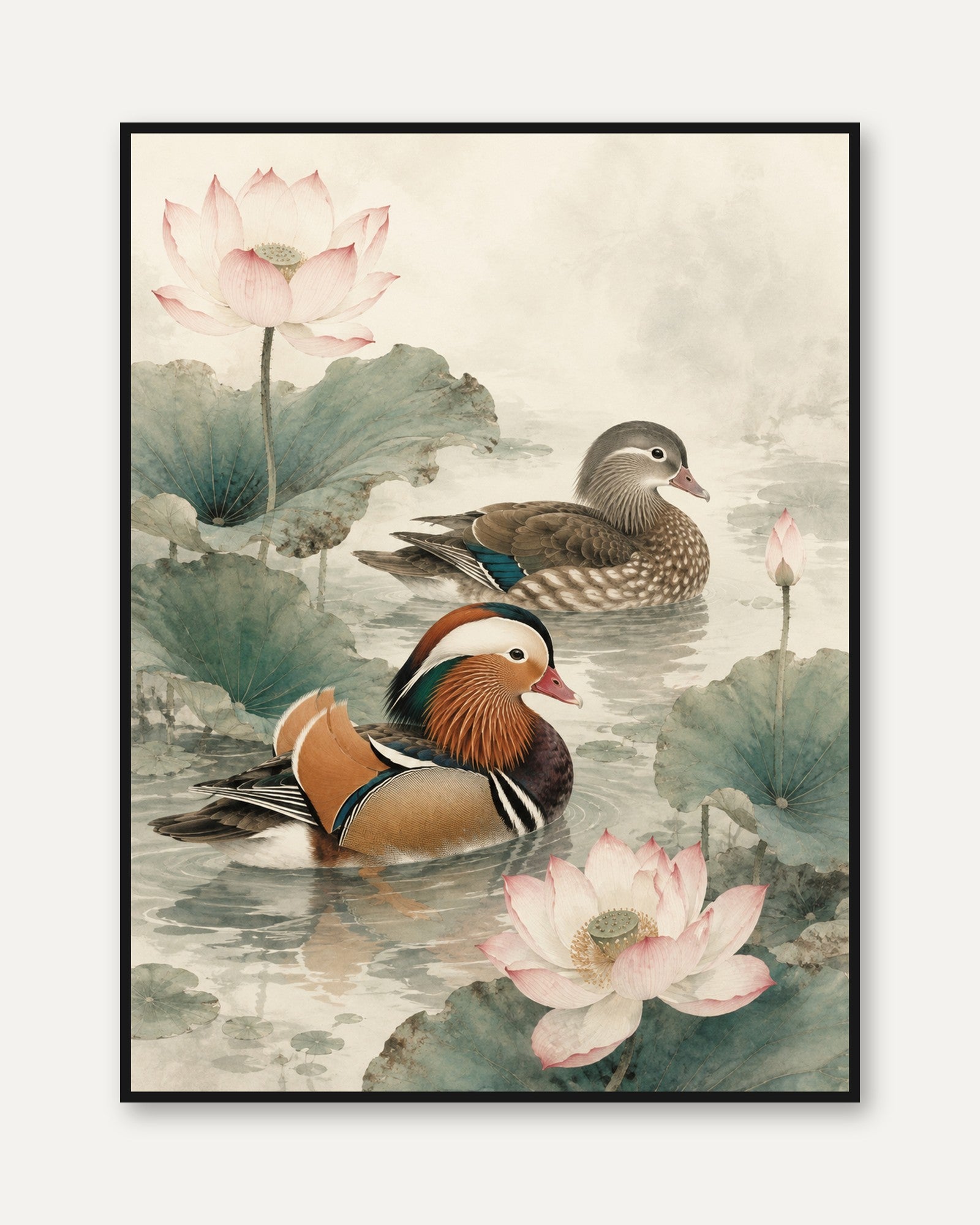 Mandarin Duck Wall Art – Lotus Flower Print - framed