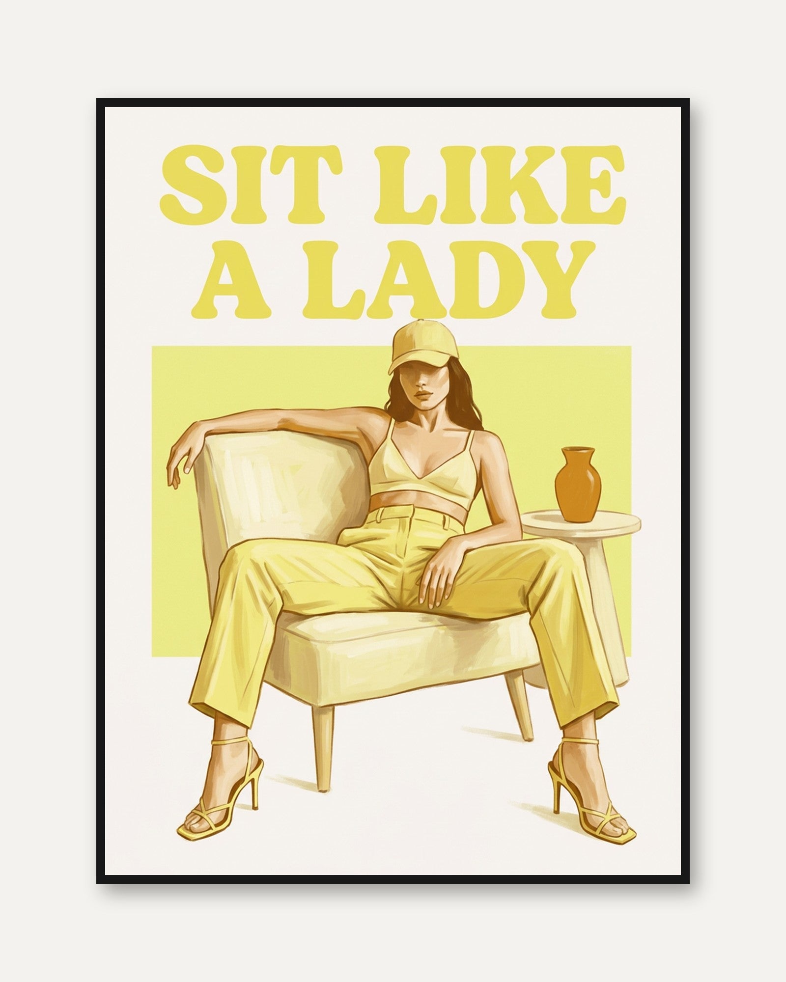 Sit Like A Lady Poster: Retro Yellow Fashion Illustration - framed
