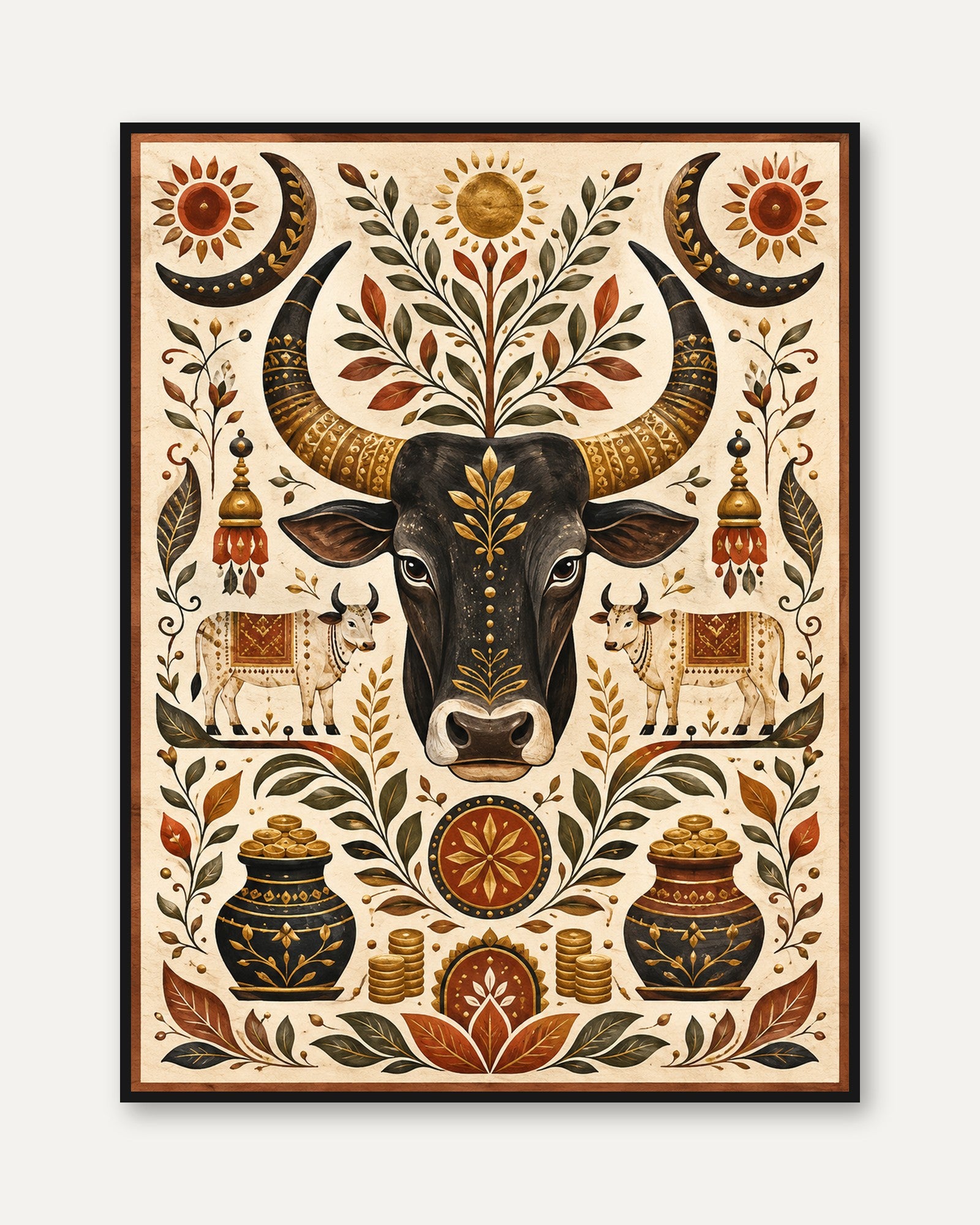 Folk Art Bull Print – Symmetrical Animal Wall Art - framed