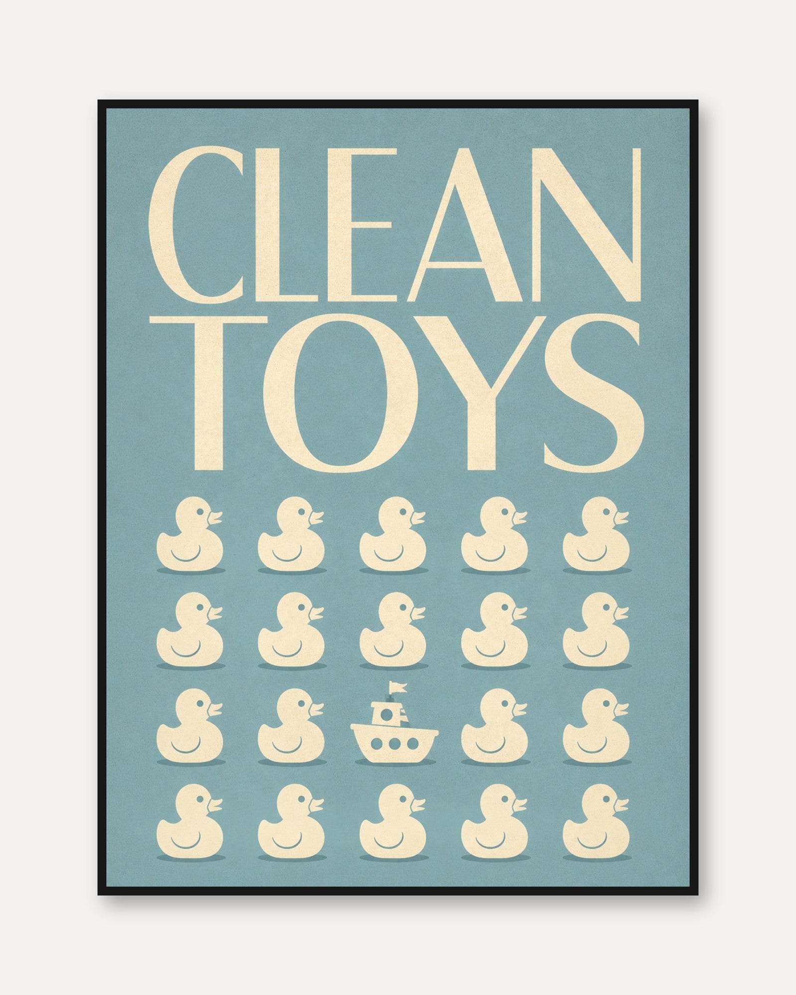 Clean Toys Bathroom Print: Retro Duck Illustration (Kids Room Art) - framed