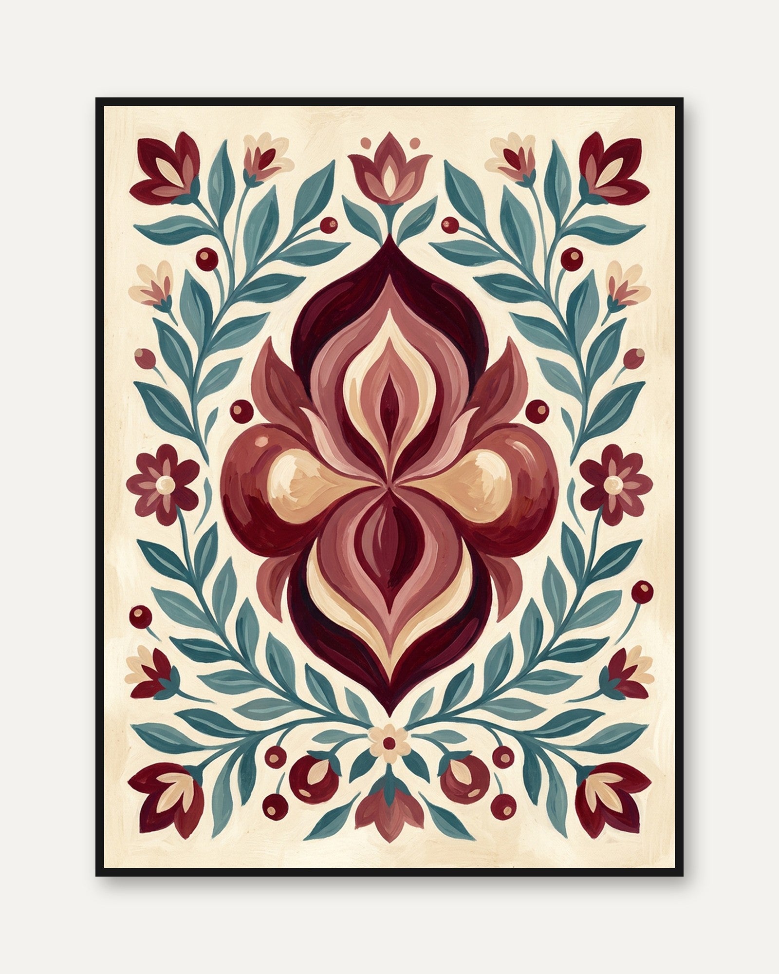 Folk Art Floral Print — Symmetrical Botanical Illustration - framed