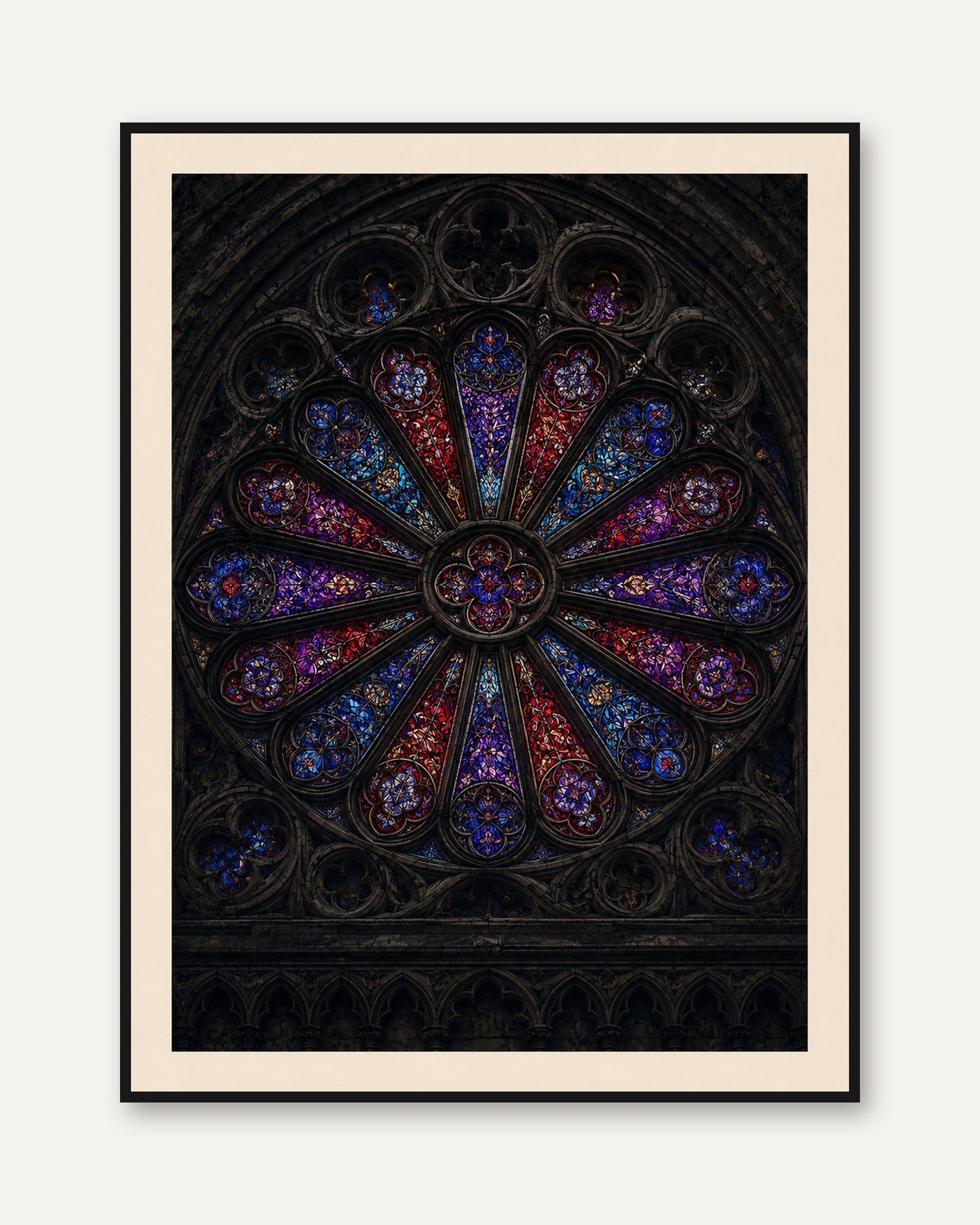 Gothic Rose Window Art Print: Medieval Stained Glass Architecture - framed