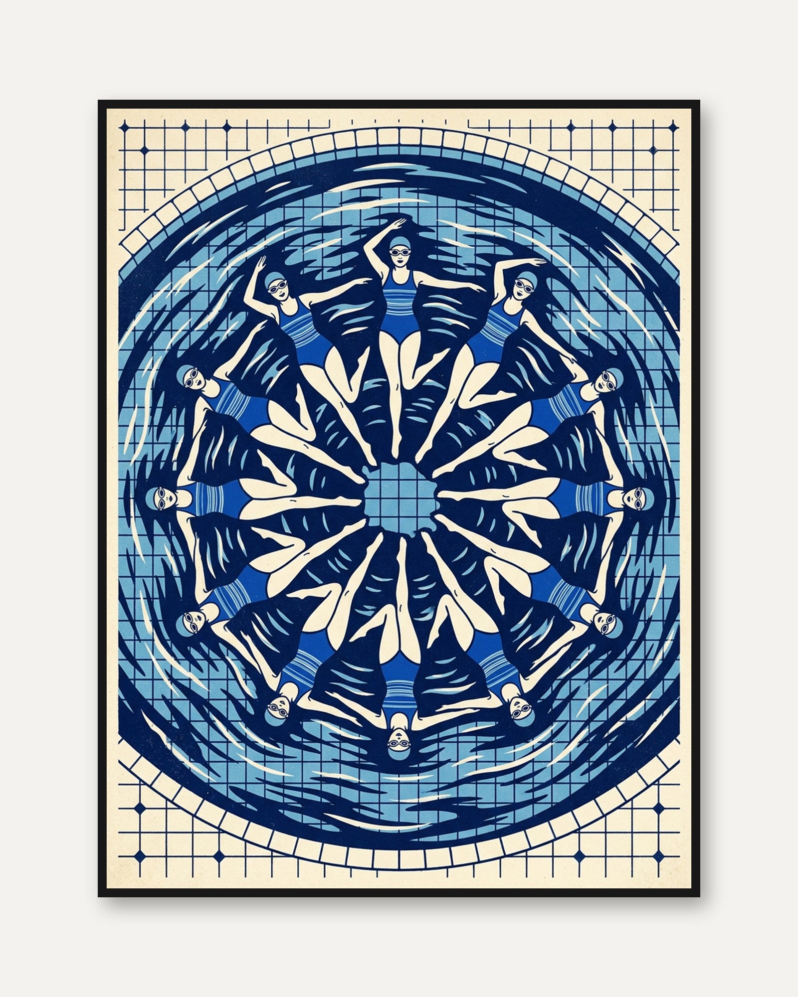 Synchronized Swimmers Mandala: Art Deco Blue Pool Print - framed