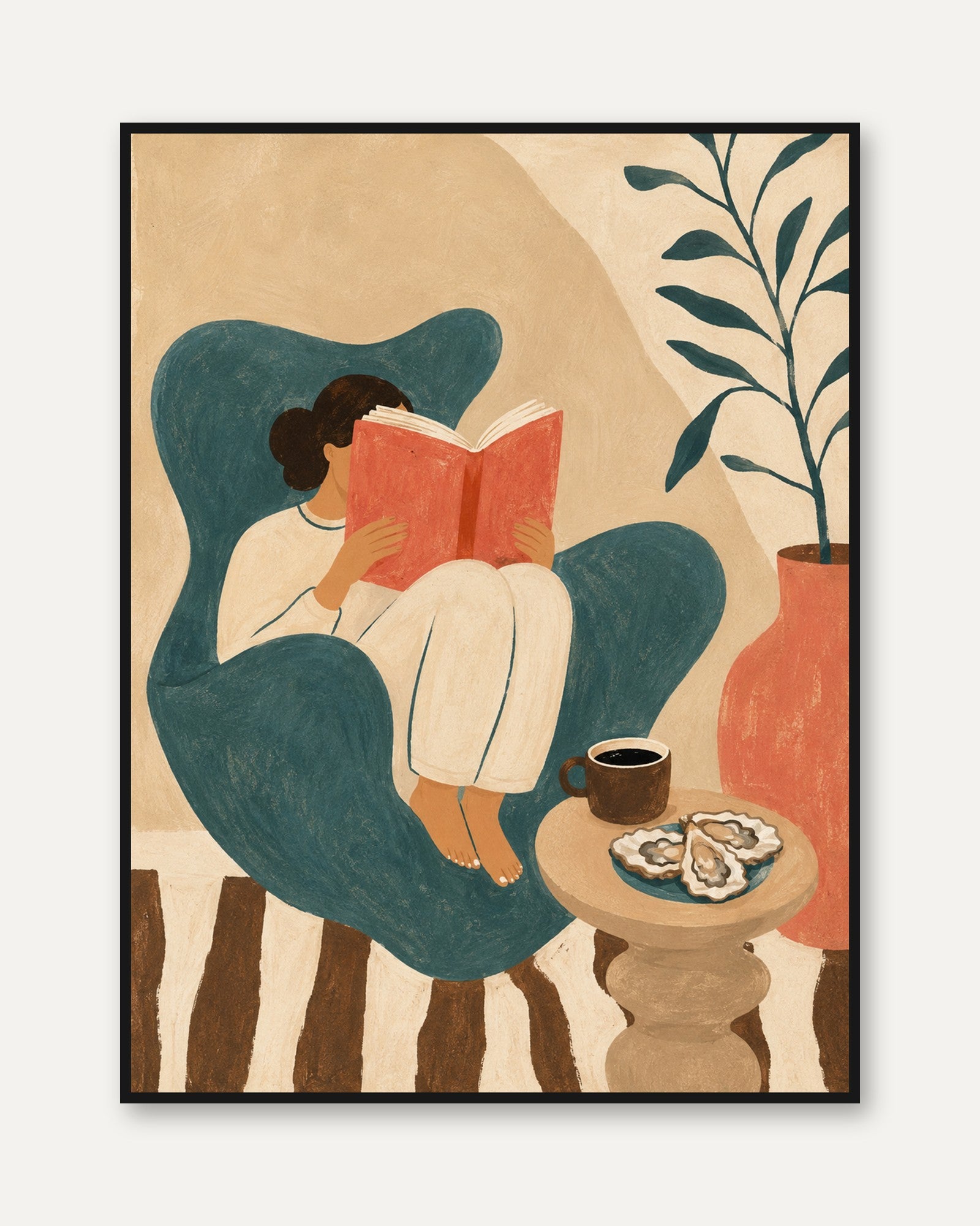 Reading Woman in Teal Chair Art Print: Minimalist Illustration - framed