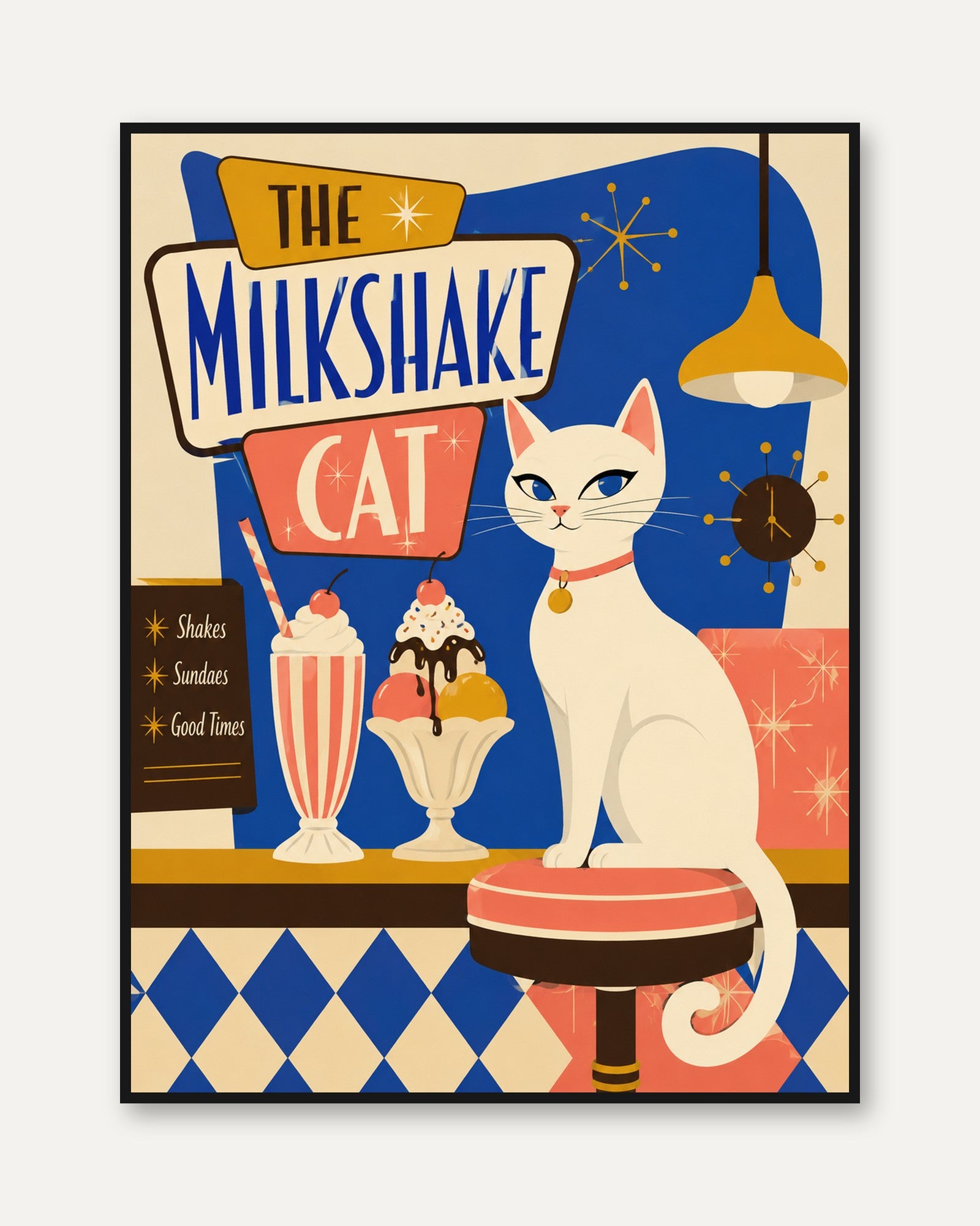 Retro Diner Wall Art – Mid Century Cat Print - framed