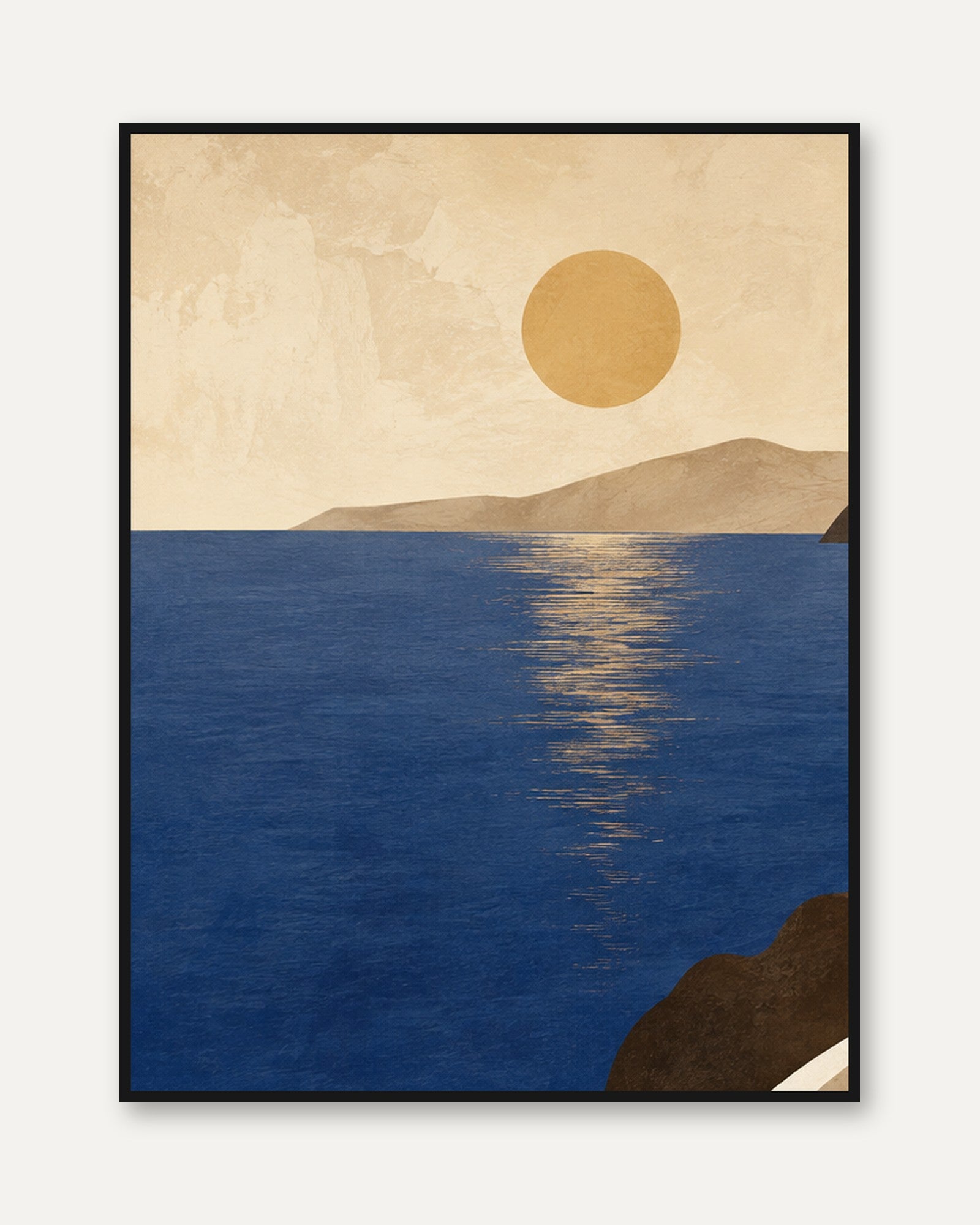 Minimalist Coastal Sunset Print: Blue Ocean and Beige Landscape - framed