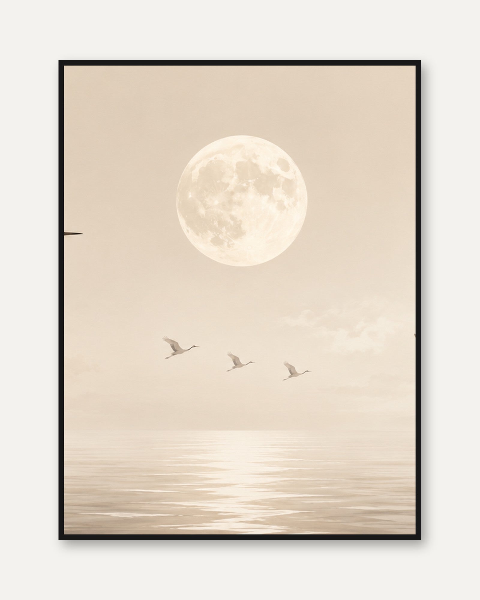 Migrating Birds Full Moon Art Print: Minimalist Beige Seascape - framed