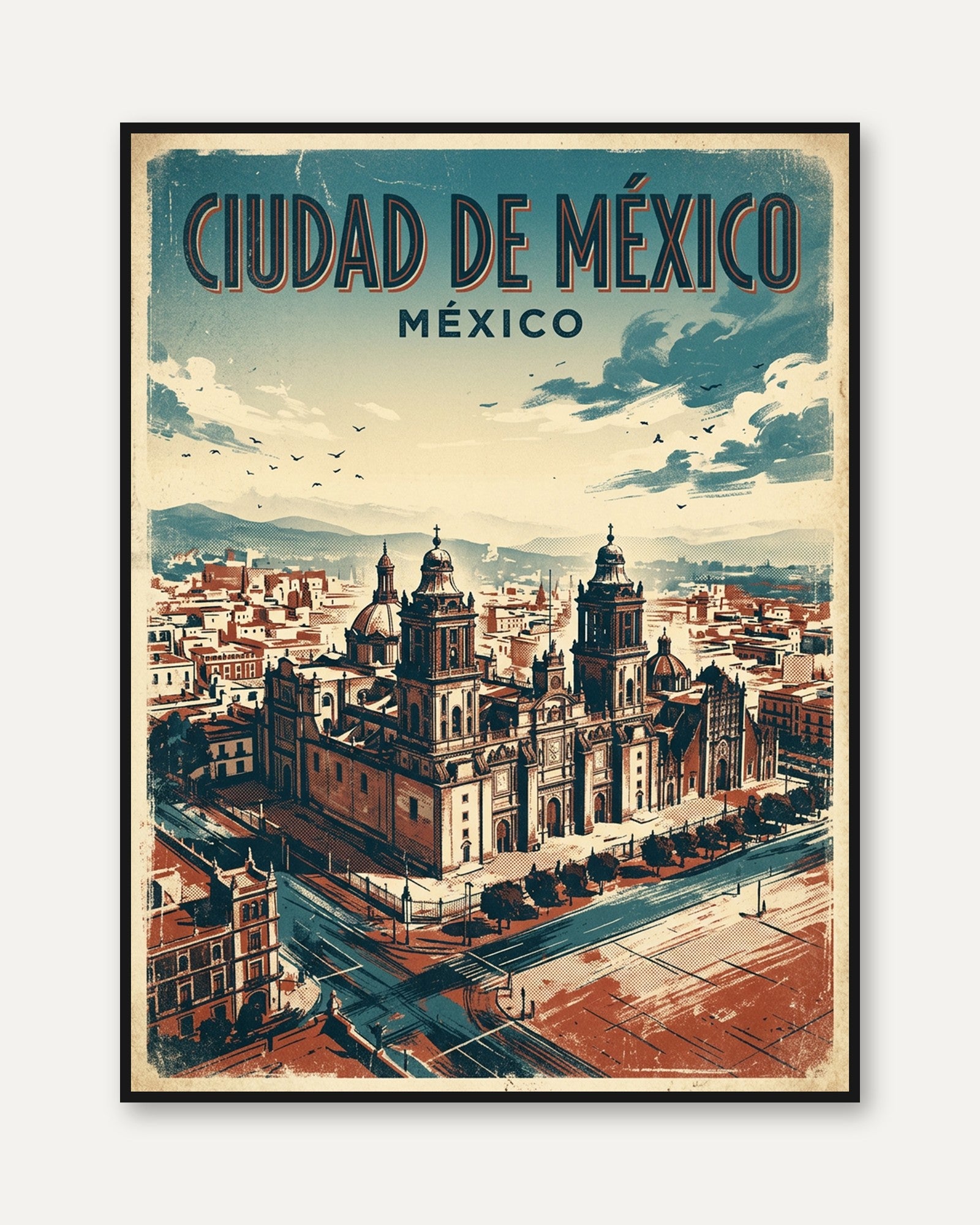 Mexico City Cathedral Vintage Travel Poster – Mid-Century Modern - framed