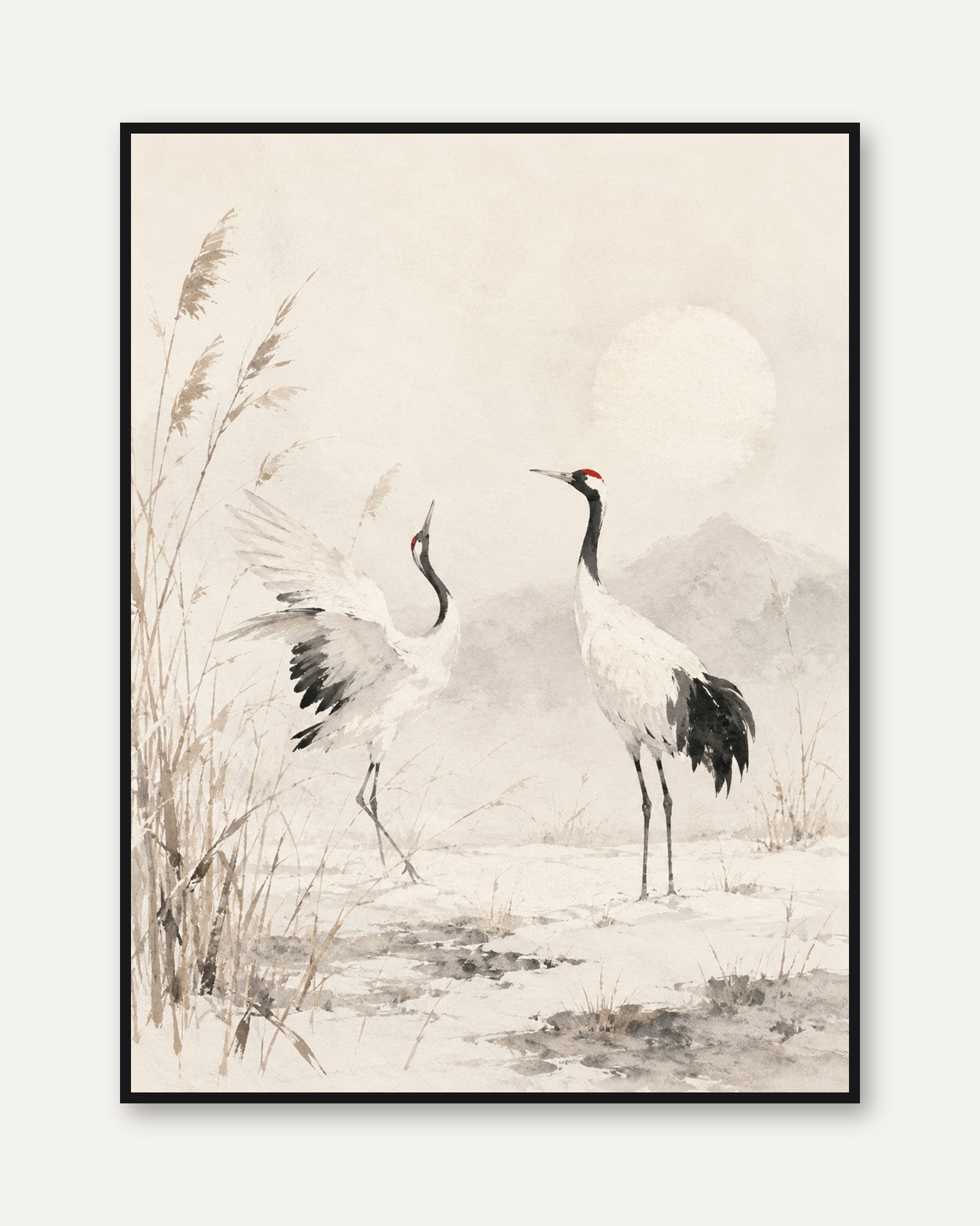 Japanese Crane Print – Oriental Bird Wall Art - framed