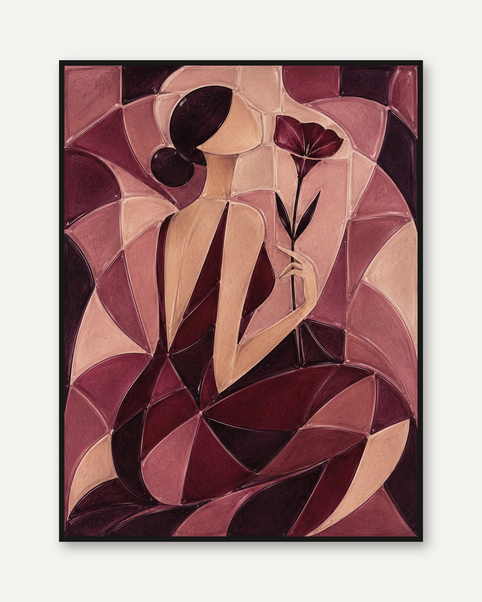Cubist Woman with Flower Art Print: Burgundy and Beige Geometric - framed