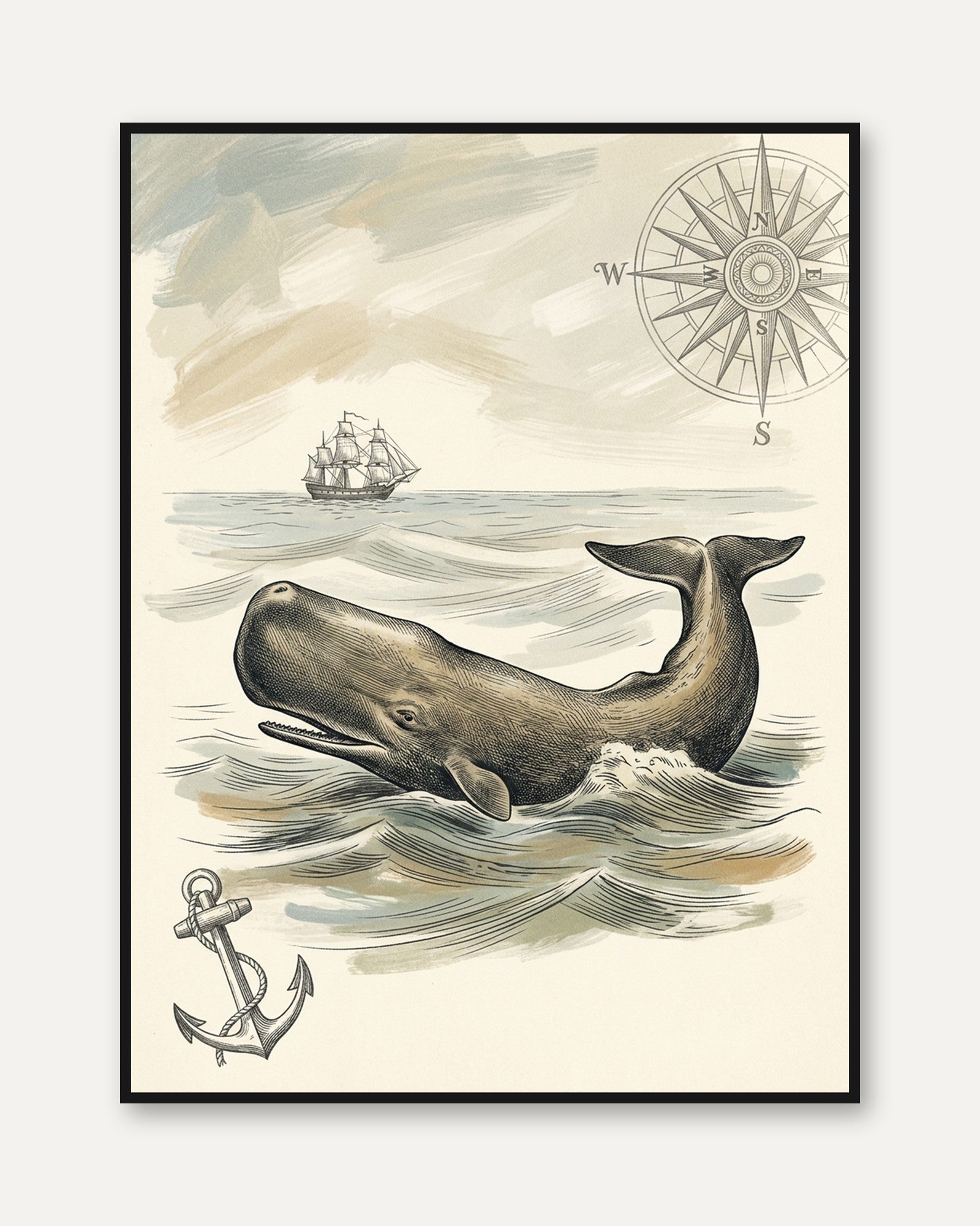 Vintage Whale Nautical Print: Victorian Maritime Illustration - framed