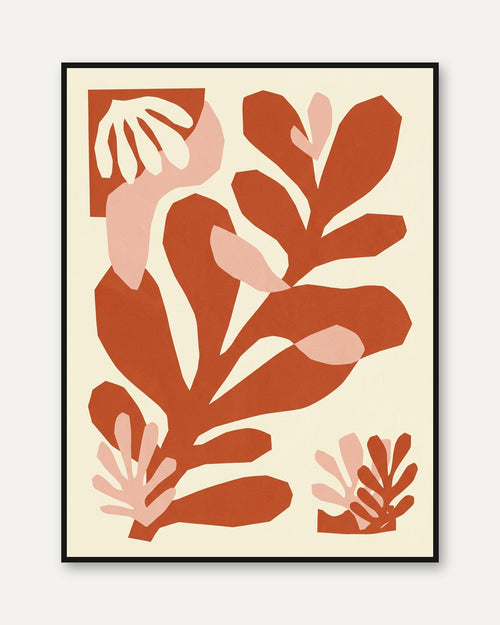 Abstract Botanical Cutout Art Print: Terracotta and Pink Shapes - framed
